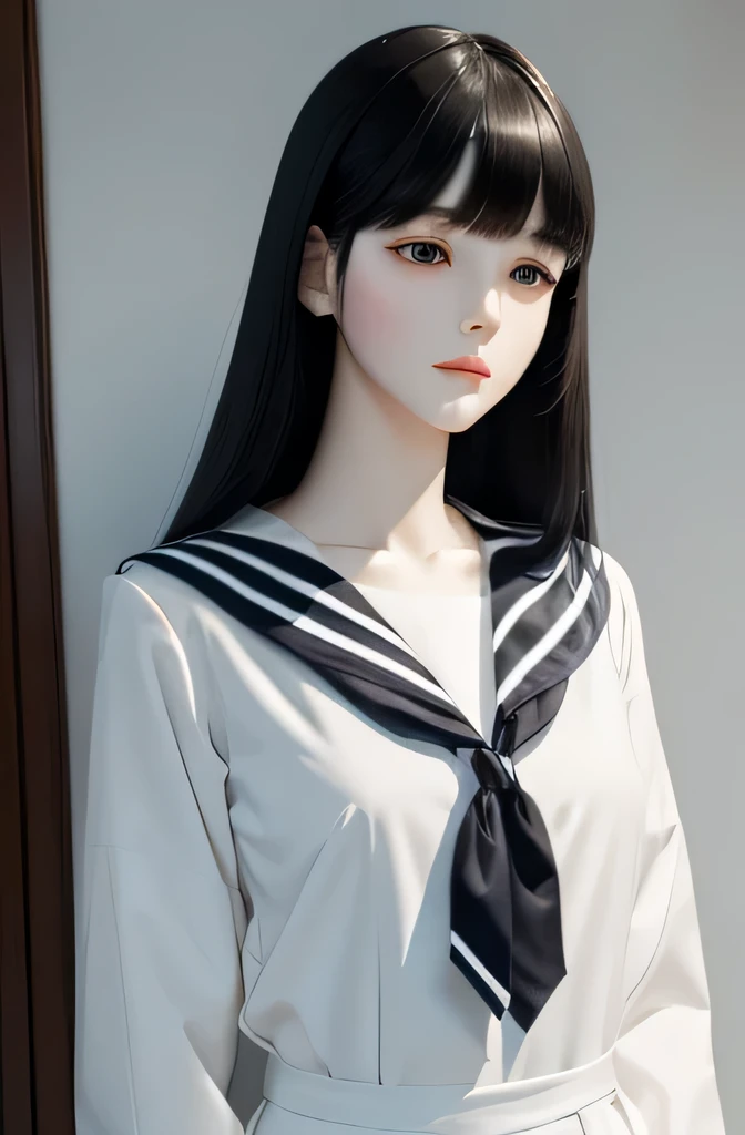 almost pure white mannequin(femele The color of the face is pure white Body color is pure white a sailor suit Black hair straight hair with bangs elongated face)