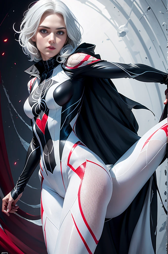 spider gwen, Hot, partial , hightquality, Dynamic Poses, Beautiful, Gorgeous, In love, White hair, Short suit, spider in a suit, white black red suit、Rachel Weisz