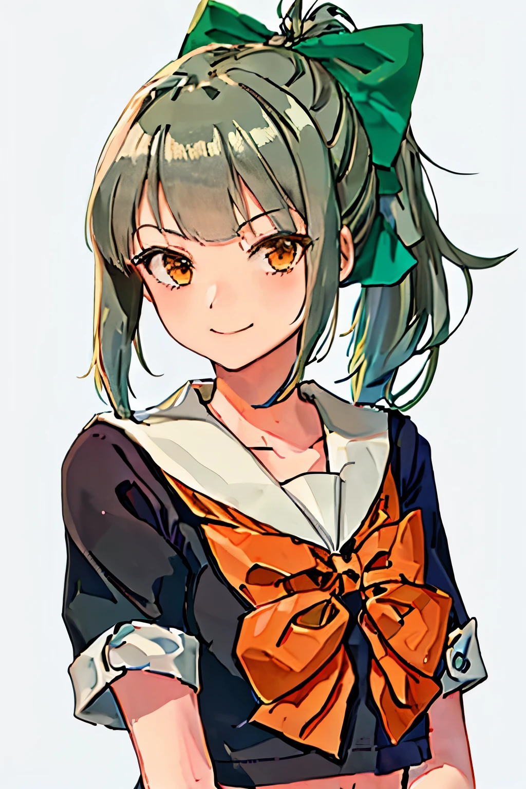 best quality, masterpiece, highres, solo, {yuubari_kantaicollection:1.15}, ponytail, bangs, brown_eyes, bow, hair_bow, green_hair, grey_hair, serafuku, smile, 1girl, bowtie, orange_bow, orange_bowtie, school_uniform, simple_background, green_bow, looking_at_viewer, sailor_collar, upper_body, white_background, short_sleeves bewitching look