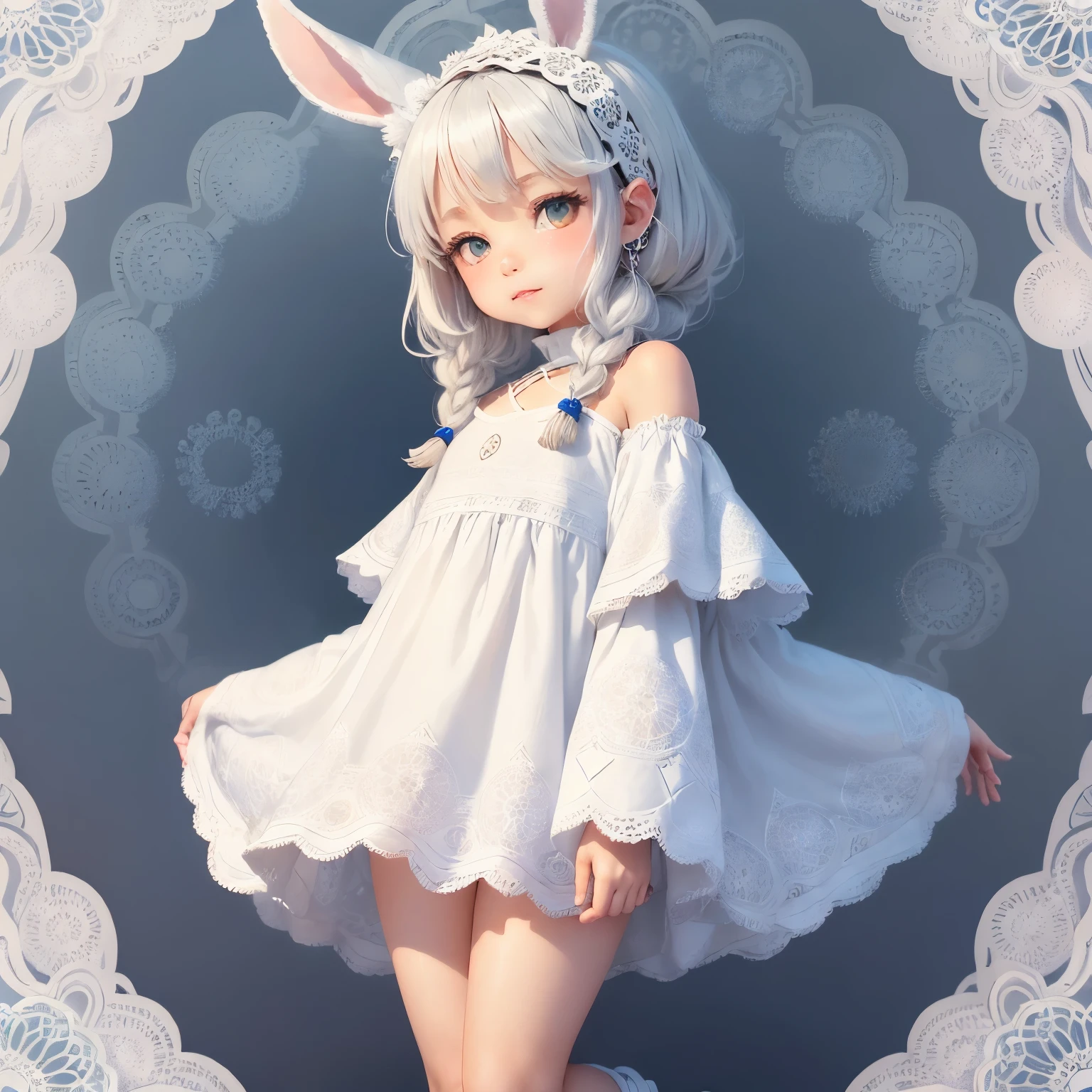 ​masterpiece、top-quality、ultra-detailliert、(Chibi Chara's Daughter:1.3), (white theme:1.3), (white mandala pattern wool muumuu:1.5), (rabbit ears:1.3), (white sneaker:1.3), (silver accessories and bracelets:1.2), (white mandala background:1.4), (fog, mist:1.6),Open your mouth and smile,(white mandala pattern wool lace-up boots:1.2),(white mandala pattern pochette:1.1)