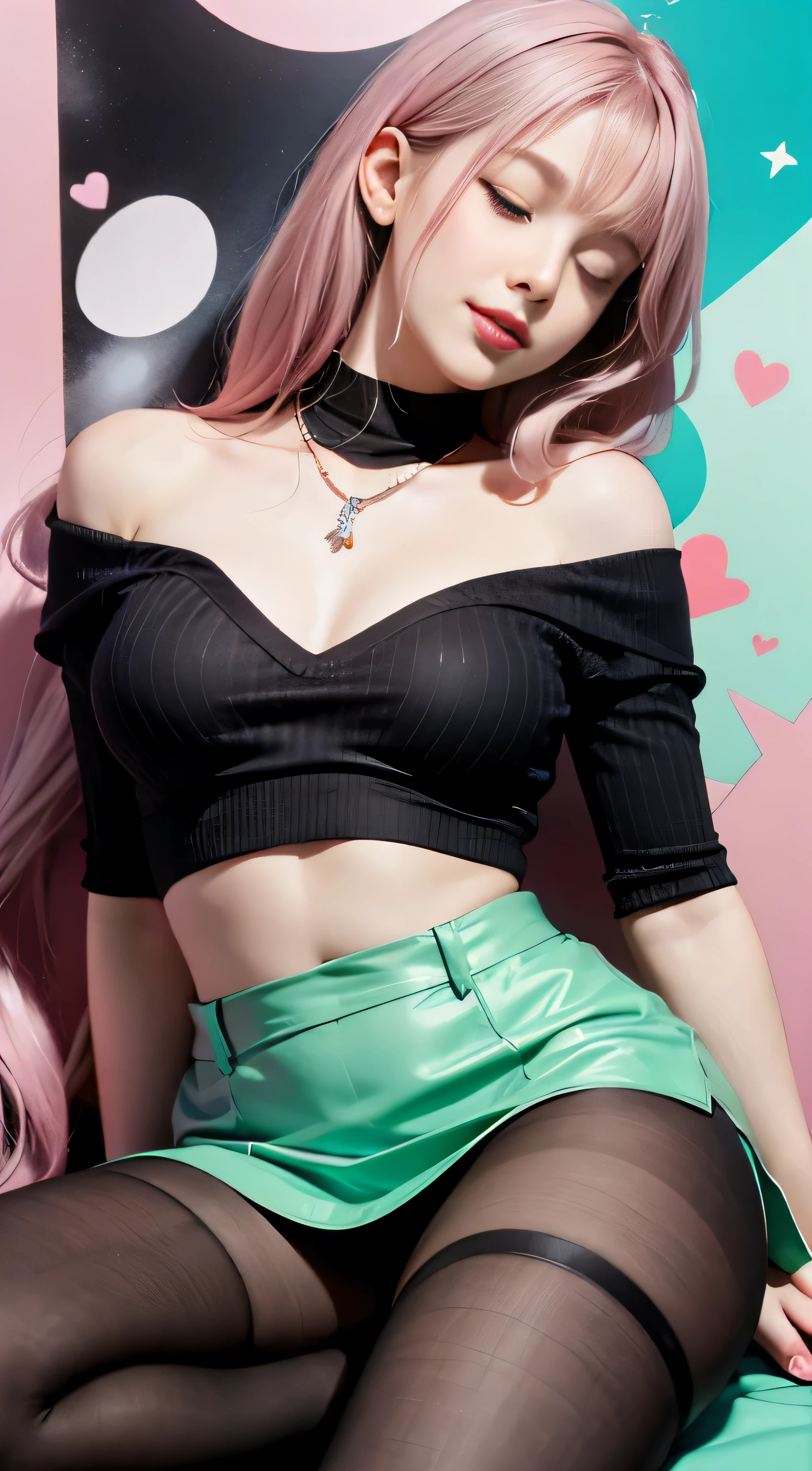 （Woman lying on bed）1 girl, Silver hair, striated hair, Bangs, Blunt bangs, Long hair, Pink hair, aqua eyes, ((Eyes closed)）, makeup, Smile, Parted lips, Realism, Verism, surrealism, depth of fields, One-person viewpoint, F/1.8, 135 mm, canon, nffsw, retinas, masutepiece, ccurate, Anatomically correct, Textured skin, Super Detail, high details, High quality, Best Quality, hight resolution, 1080p, hard disk, 4K, 8K、（Coarse short sweater）chest hanging from shoulders、off shoulder tight skirt