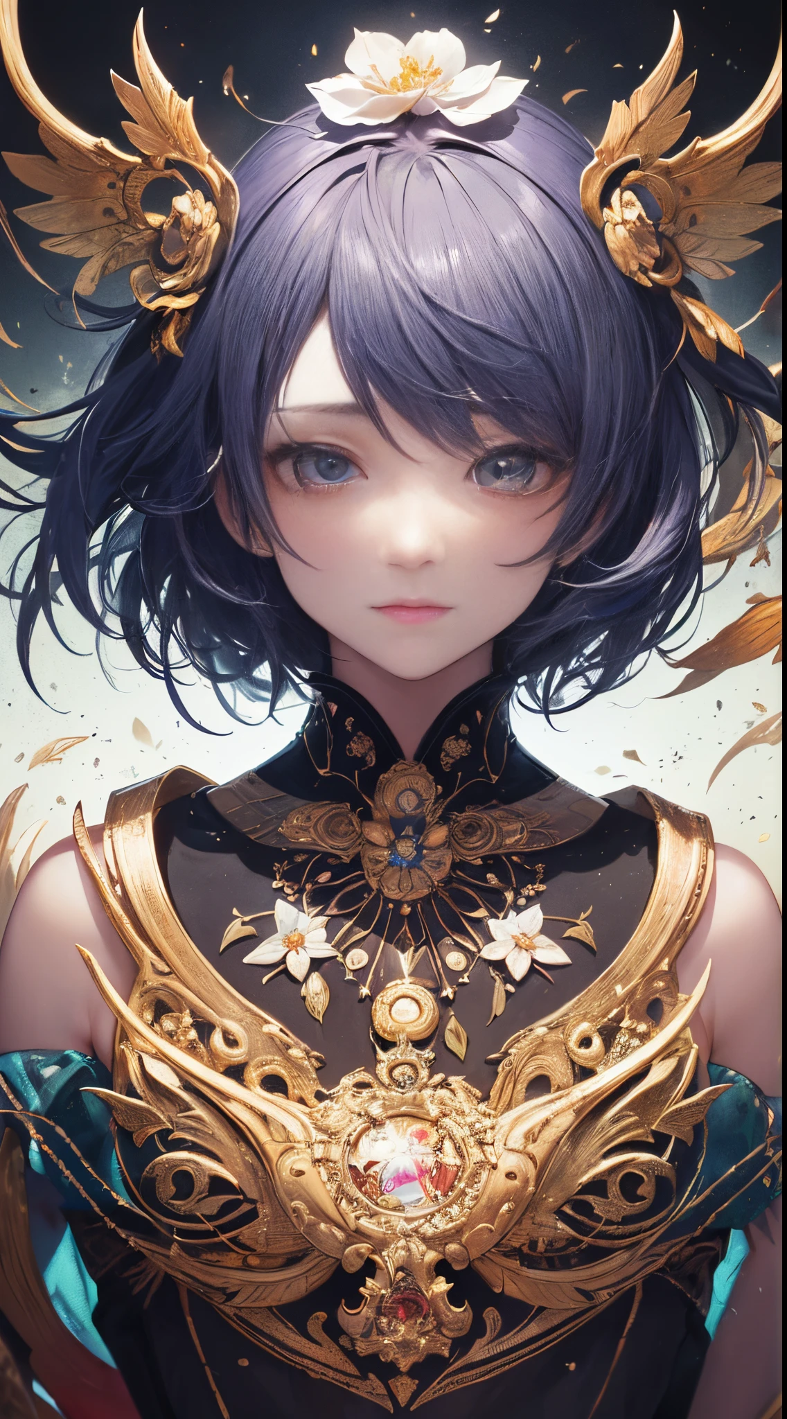 (tmasterpiece:1.1),(Best quality:1.1),(HighDynamicRange:1),ambient light,Super quality,( Super detailed original image),(1 Sister, Upper part of the body),((harajuku fashion)),((flower with human eyes, flower eyes)),double contact,A fusion of fluid abstract art,An error occurred,(Original illustration composition),(Limited color mixing, Minimalist art style, Geometric artstyle, butterflys, artistically),