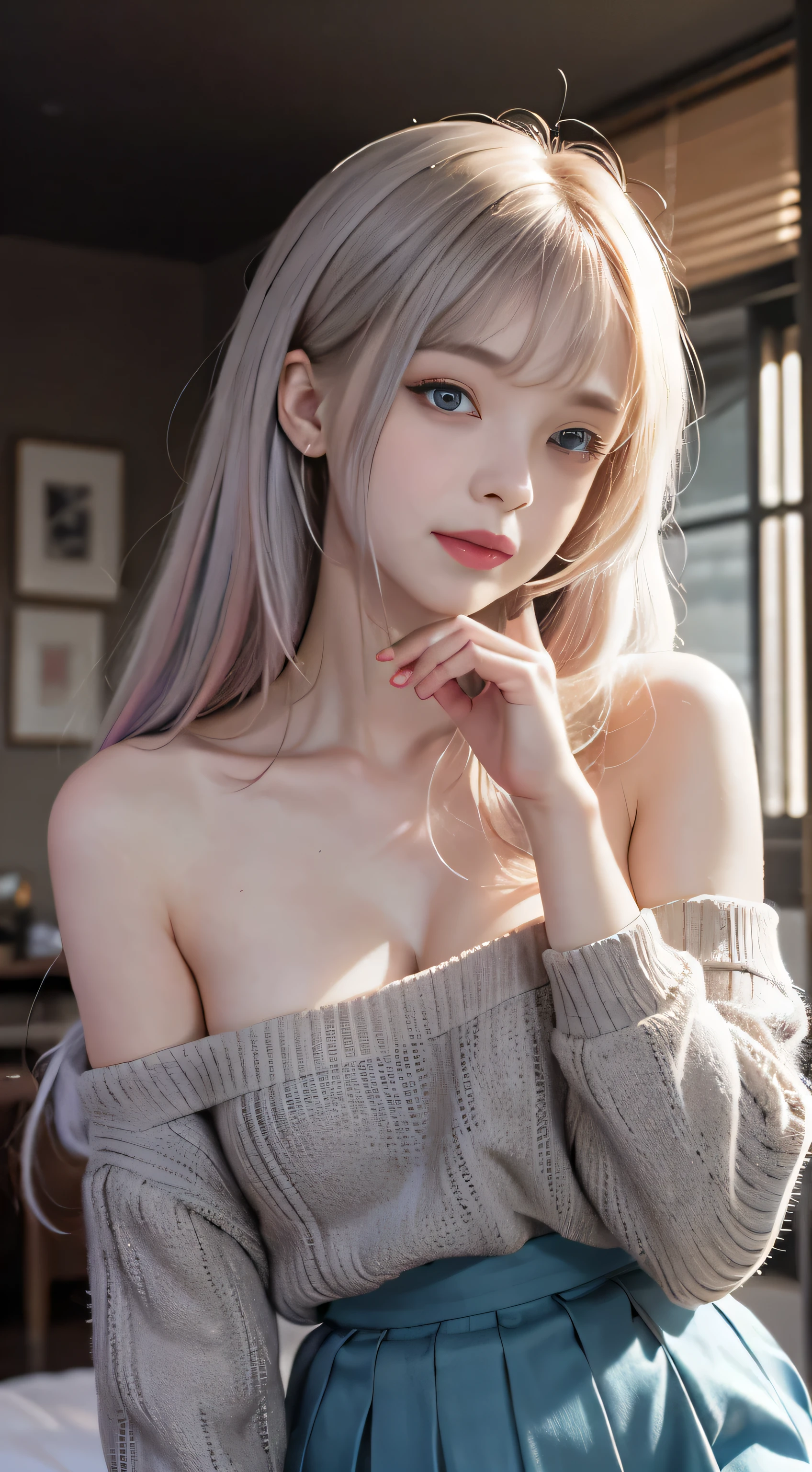 （Woman lying on bed）1 girl, Silver hair, striated hair, Bangs, Blunt bangs, Long hair, Pink hair, aqua eyes, longeyelashes, Purple eyes, makeup, Smile, Parted lips, Realism, Verism, surrealism, depth of fields, One-person viewpoint, F/1.8, 135 mm, canon, nffsw, retinas, masutepiece, ccurate, Anatomically correct, Textured skin, Super Detail, high details, High quality, Best Quality, hight resolution, 1080p, hard disk, 4K, 8K、（Coarse short sweater）boobs hanging from shoulders、off shoulder tight skirt