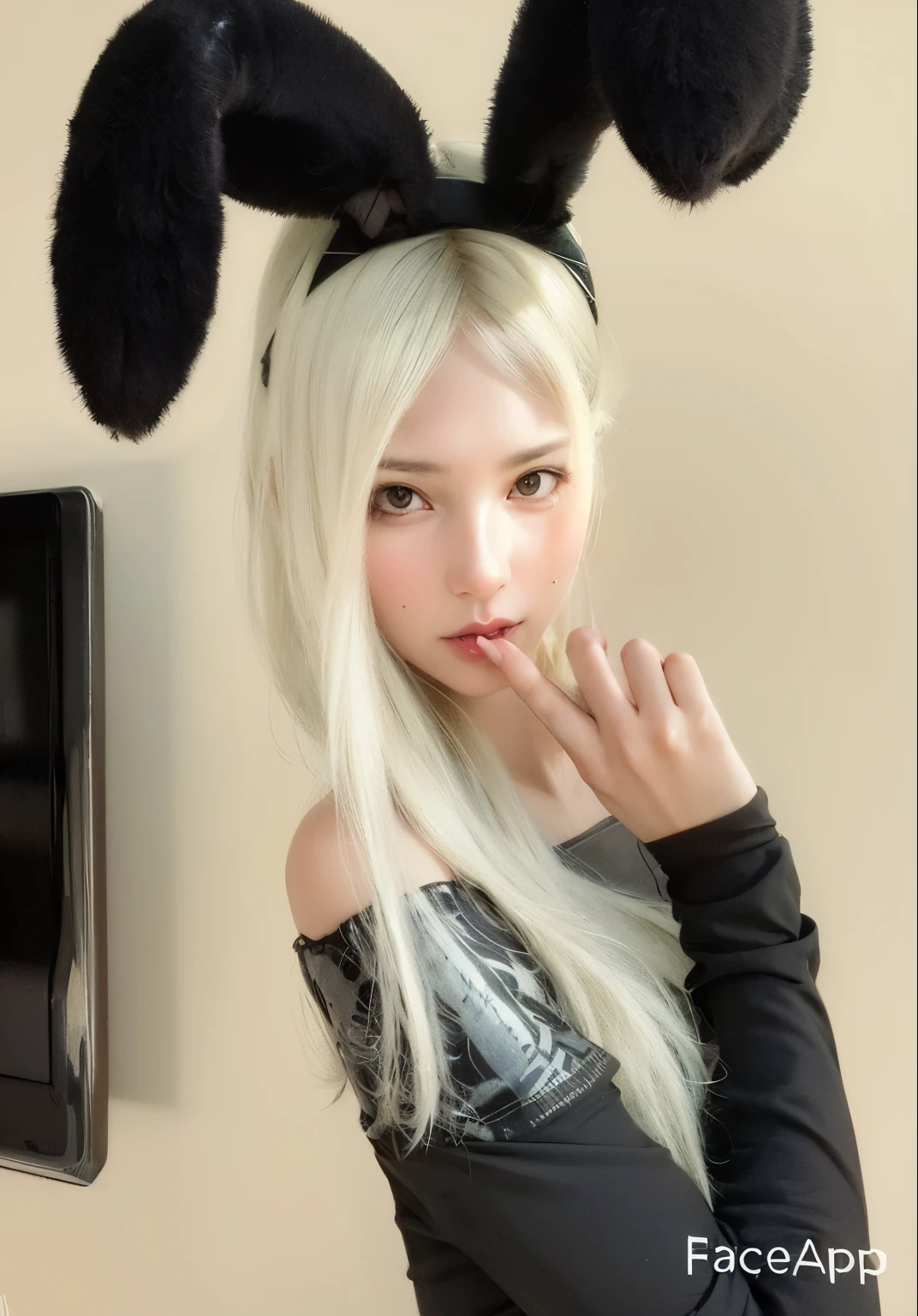 blond girl com orelhas de coelho and a black top posing for a picture, com orelhas de coelho, com cabelos longos brancos, ultrarrealista doce coelhinho menina, with long floppy rabbit ears, com longos cabelos brancos, menina perfeita de cabelos brancos, com orelhas de coelho grandes, orelhas longas de coelho, cabelos lisos longos e brancos, her hair is white, branco hime corte penteado, com orelhas de coelho
