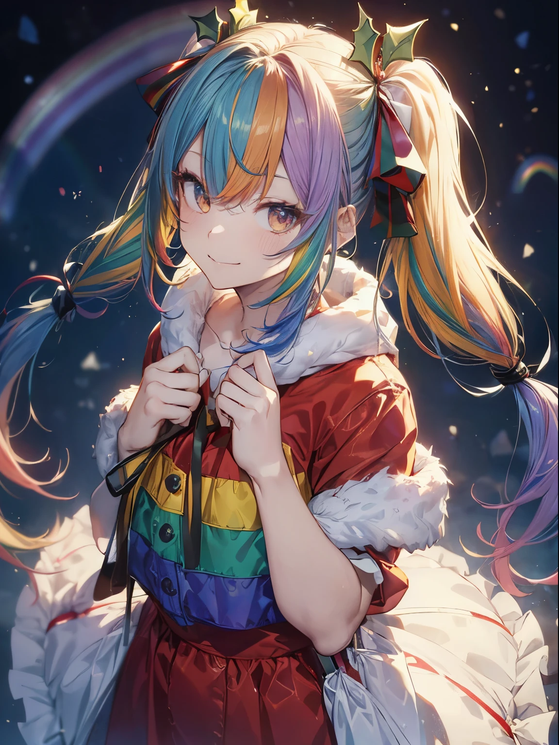 Christmas、santaのコスプレ、bag filled with white presents、carrying a white bag on his shoulder、Yuki、Christmasツリー、(masutepiece:1.3), (8K, Photorealistic, Raw photo, Best Quality: 1.4), Beautiful face, (Realistic face), Beautiful detailed eyes, (Realistic skin), Attractive, Intricate details,Golden ratio, 1 girl,Naughty smile, (rainbow hair:1.4),((Long twintails,Ribbon 1.4)),santa (Blue Butterfly Hair Ornament 1.3)Dynamic Pose,Dynamic Angle,Intricate details, Hyper realistic、A smile、Smiling、Strong face、the morning sun、Deitiesの光、Deities、Heaven、rainbows