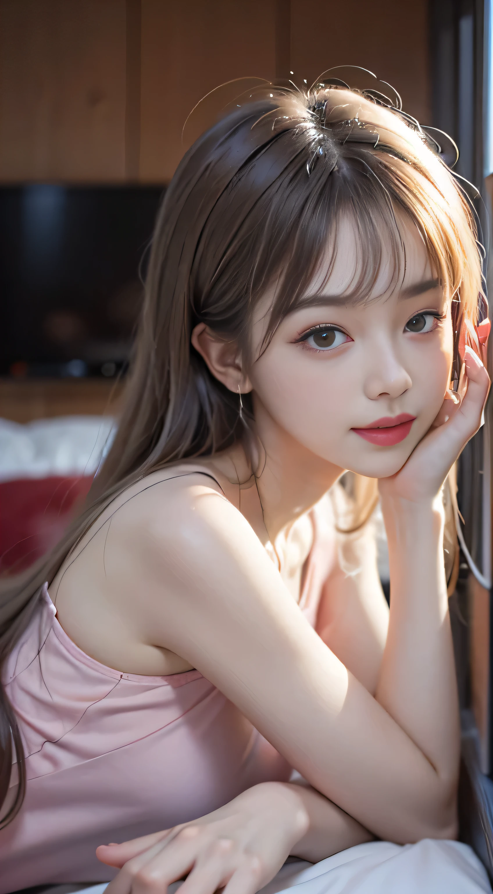 (Woman lying on bed)1 girl, Silver hair, striated hair, Bangs, Blunt bangs, )(Long straight hair), (dark pink hair), Aquais, long eyelashes eye makeup, Smile, Parted lips, Realism, Verism, surrealism, depth of fields, One-person viewpoint, F/1.8, 135 mm, canon, nffsw, retinas, masutepiece, ccurate, Anatomically correct, Textured skin, Super Detail, high details, High quality, Best Quality, hight resolution, 1080p, hard disk, 4K, 8K)(sexypose)Focus on chest and face (white tank tops、、off shoulders)、(a miniskirt)、(fishnet tights、Damage)(Black High Heels、Pinhole Thai Hind is a skyscraper district(Eyes closed))(White lace panties)