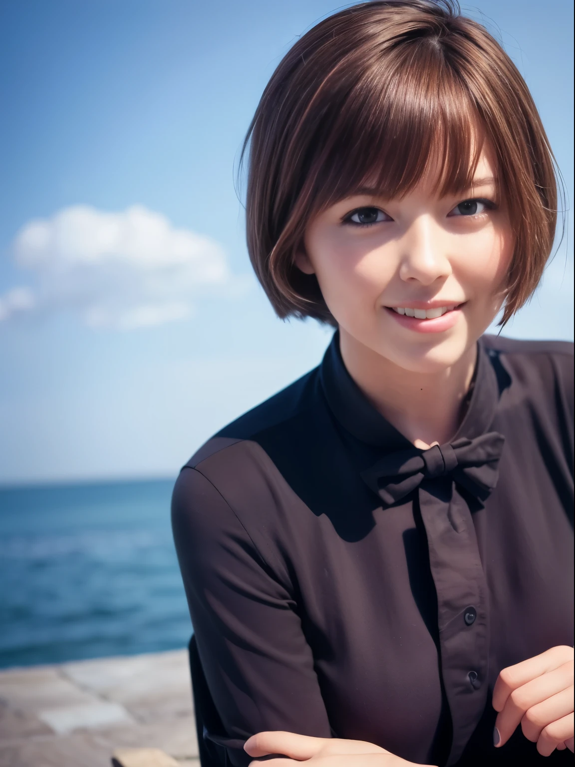 (8k, RAW photo, Best quality, Masterpiece: 1.2), (Realistic, Photorealistic: 1.37), Super detailed, 1 girl, Cute, Alone, Beautifully detailed sky, Detailed cafe, Night, Sitting , date, (nose blush), (smile: 1.1), (closed mouth) medium chest, beautiful detailed eyes, (collared shirt: 1.1), bowtie, pleated skirt, (short hair: 1.2), floating hair
