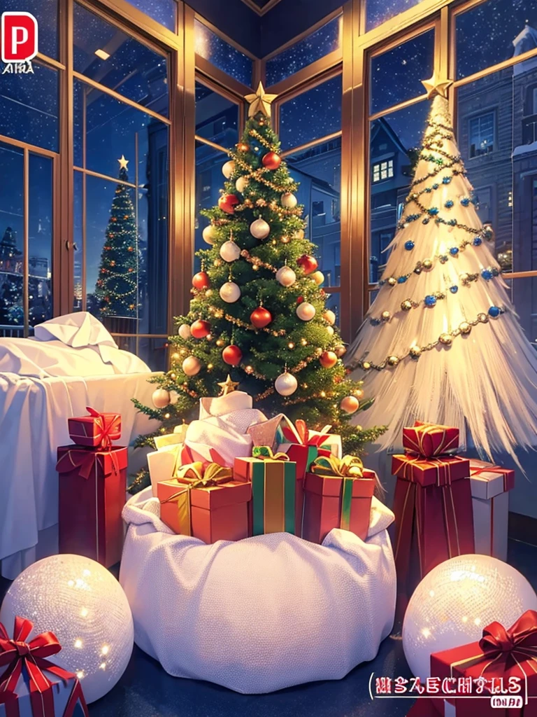 tmasterpiece,Super clear,Grainy scene,movie picture quality,Christmas scene,Christmas theme,Christmas tree,santa,bright,Christmas atmosphere,Christmas gifts,In the upper right corner of the screen is written:"Merry Christmas" four words