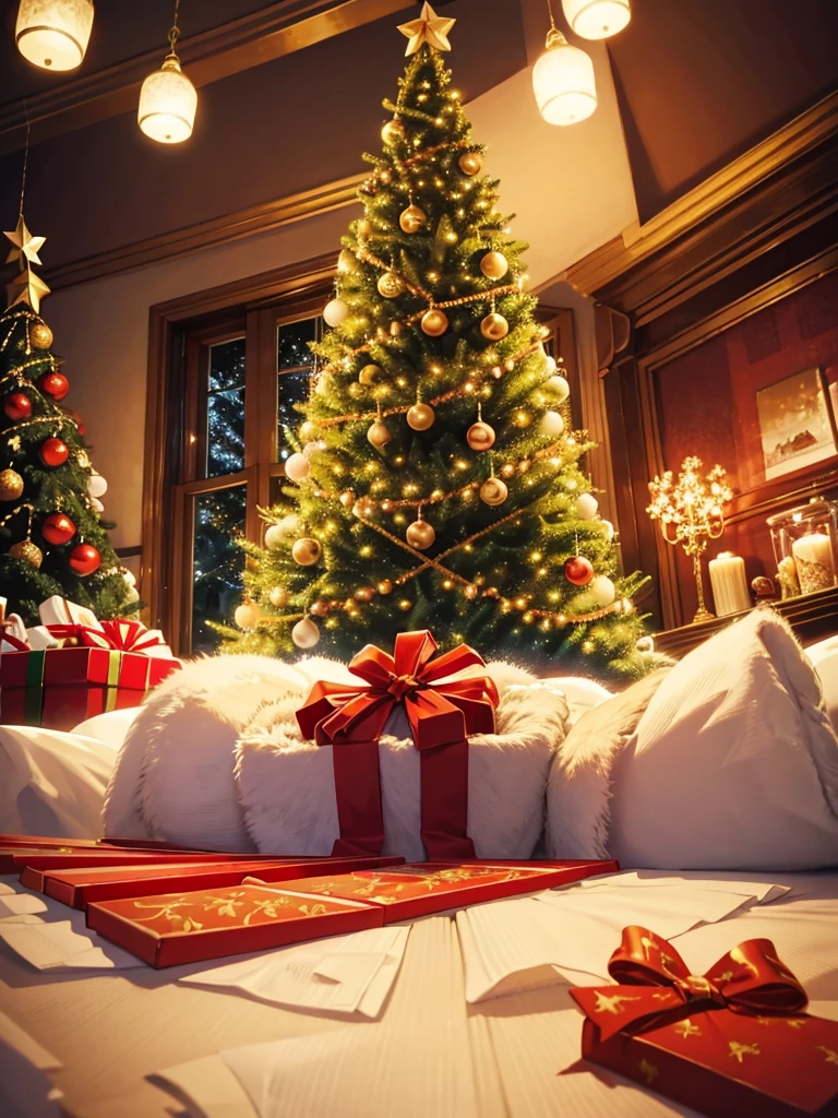 tmasterpiece,Super clear,Grainy scene,movie picture quality,Christmas scene,Christmas theme,Christmas tree,santa,bright,Christmas atmosphere,Christmas gifts,In the upper right corner of the screen is written:"Merry Christmas" four words