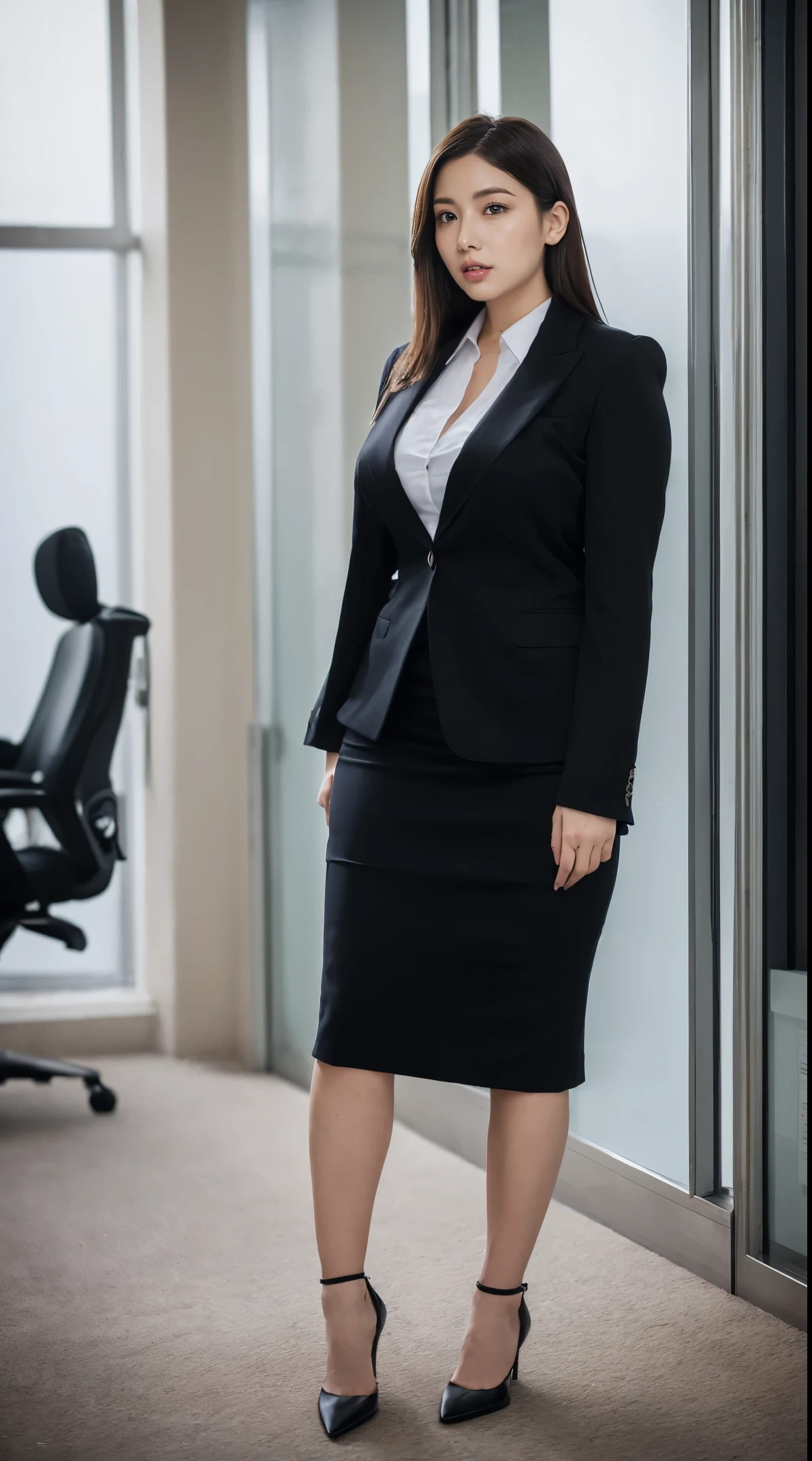 (masutepiece,High quality:1.3),(depth of fields:1.3) ,((front body:1.35)),  Japanese ,woman, standard height,(Women's business black suits black midi skirt:1.2),Huge breasts, Huge breasts, thicc, curvy,(Looking at Viewer:1.3),(full body:1.2),Inside the office by the window