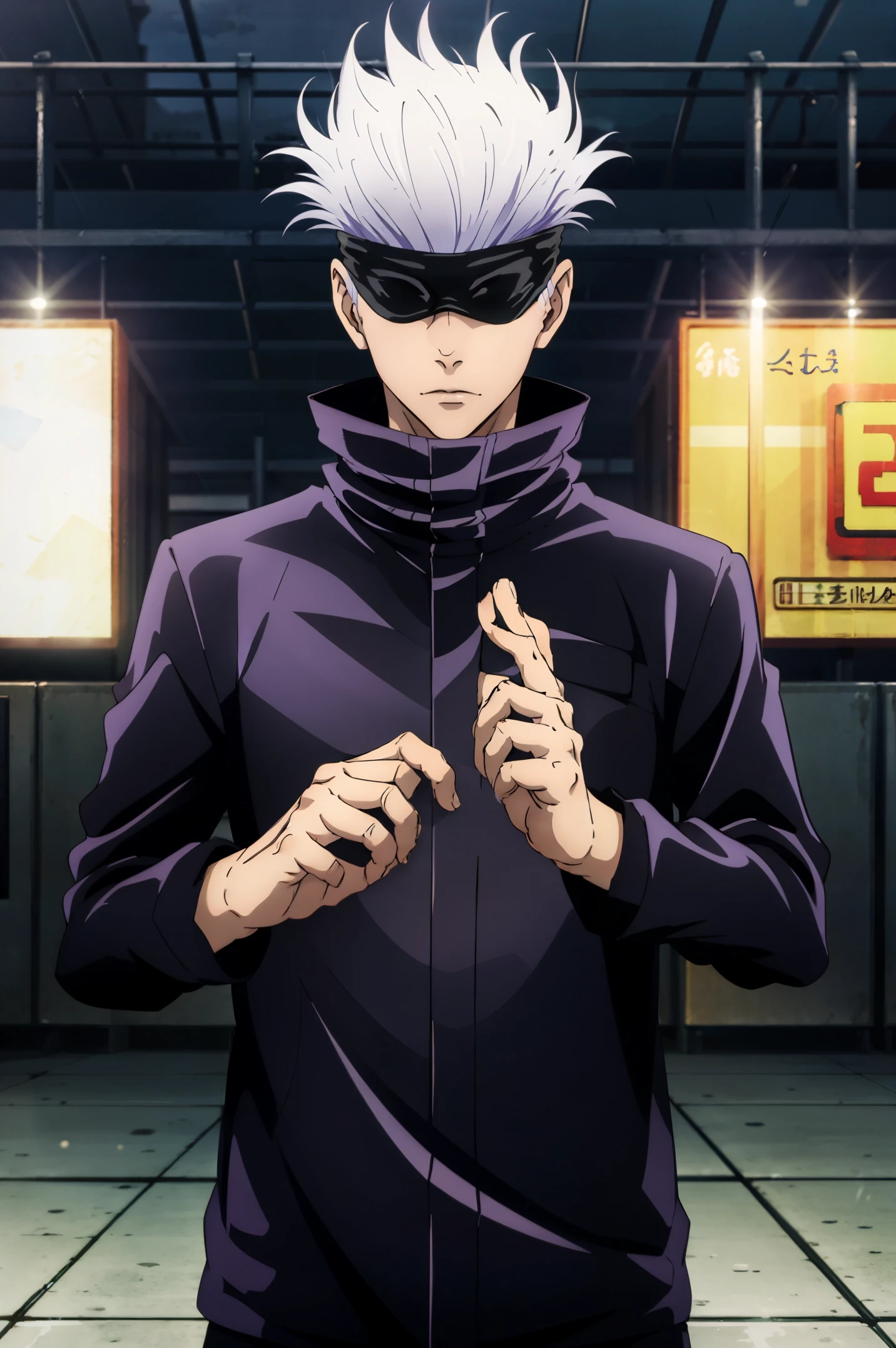 best quality, ultra high res, Gojo Satoru, Jujutsu Kaisen, looking at viewers, standing, white hair, spiked hair, black jacket, popped collar, outdoors, shibuya station, male focus, upper body, stylish_pose, blindfold, covered eyes, perfect hands,