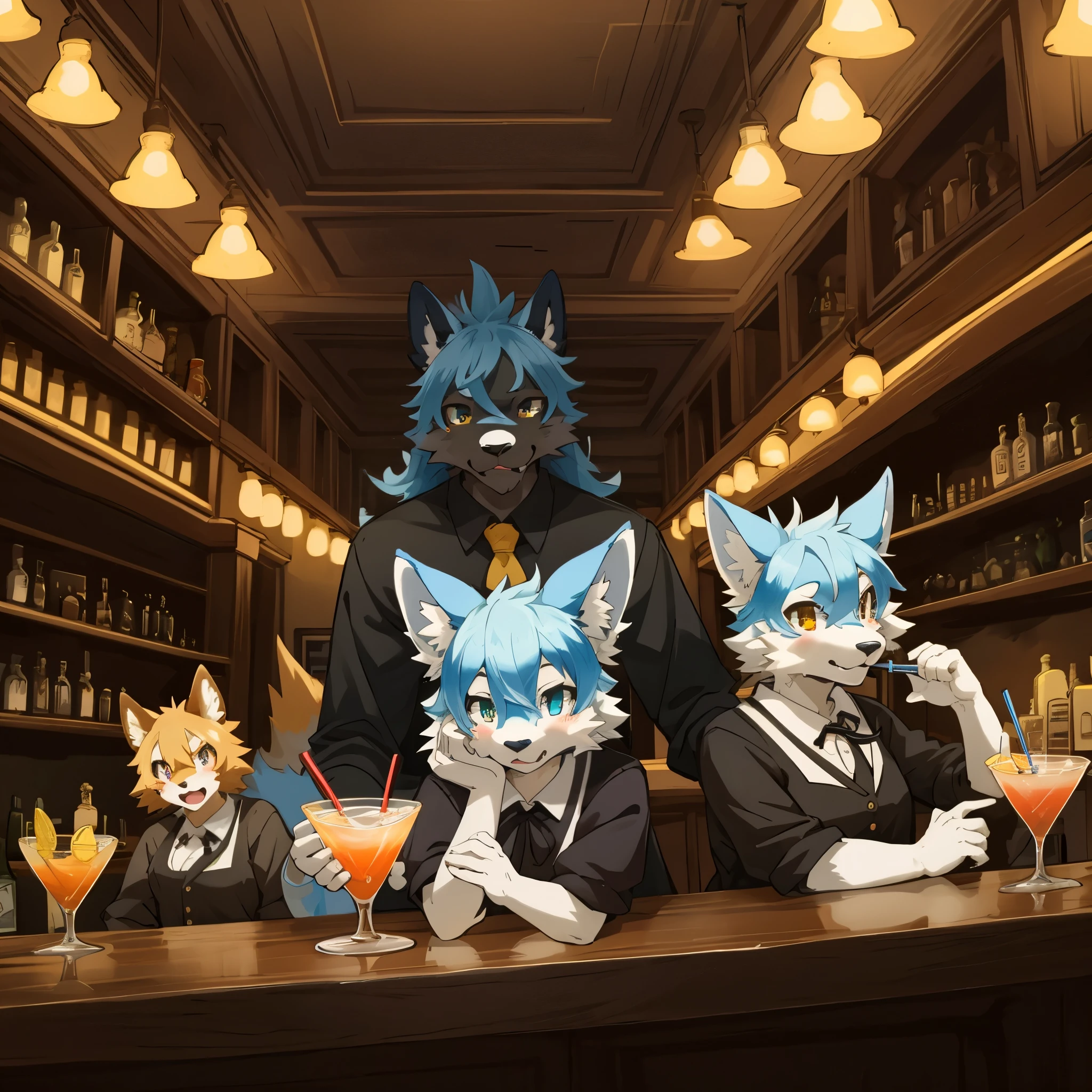 top quality, best quality, High-quality illustrations, masterpiece, super high resolution, detailed background, bartender, bar, cocktail, 6+boys, 6+girls, absurdres(highly detailed beautiful face and eyes)perfect anatomy, expression, good lighting, cinematic shadow(kemono, furry anthro)assorted poses, dynamic angle,