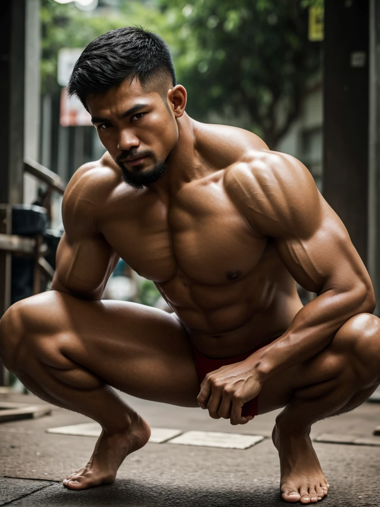 Masterpiece, Best quality, Super-Resolution, Depth-of-field, Maximum clarity and sharpness, Thai male, Bodybuilder, Squatting, Natural eyes, Short hair, Beard.