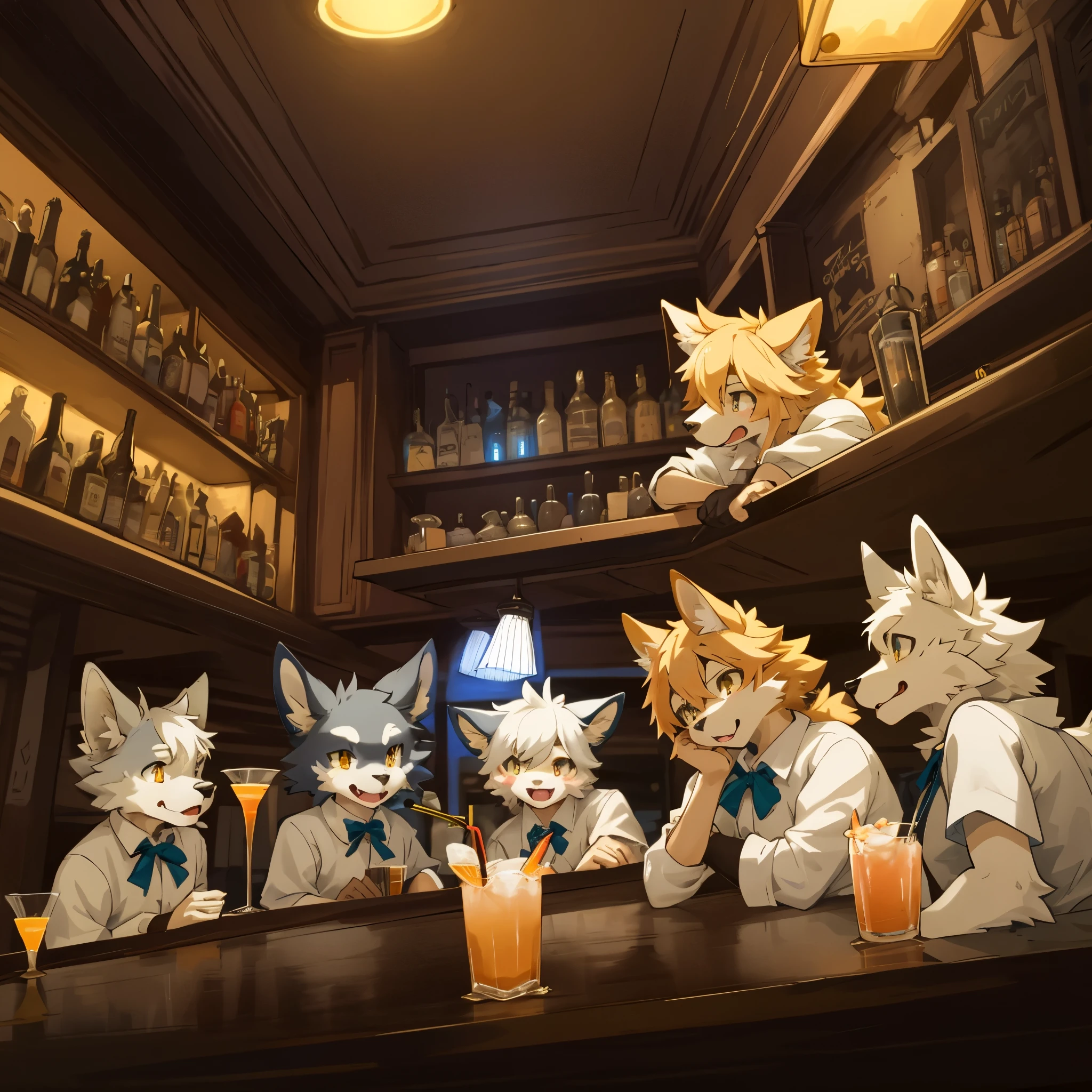 top quality, best quality, High-quality illustrations, masterpiece, super high resolution, detailed background, bartender, bar, cocktail, 6+boys, 6+girls, absurdres(highly detailed beautiful face and eyes)perfect ???????, expression, good lighting, cinematic shadow(kemono, furry anthro)assorted poses, dynamic angle,