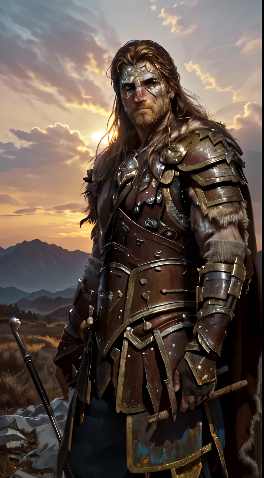 "(best quality,highres,realistic:1.37),warrior,gazing,fierce eyes,determined,resilient,after a long fought battle,sunrise,painted in oil,heroic stance,weathered armor,rippling muscles,sheen of sweat,morning dew,distant mountains,promise of a new day,vivid colors,warm golden tones,soft rays of light,serene horizon"