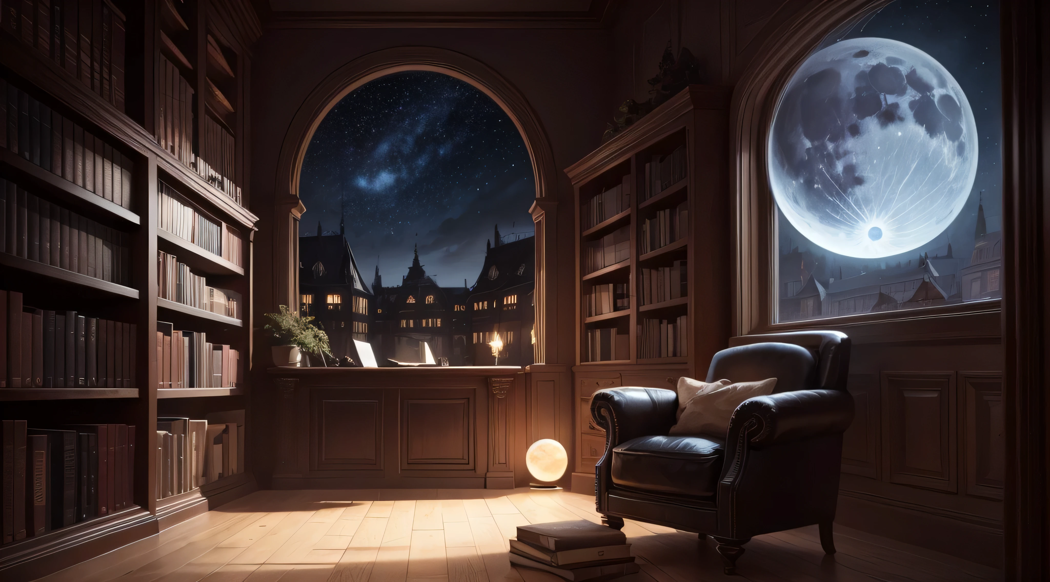 dark library with moon and stars