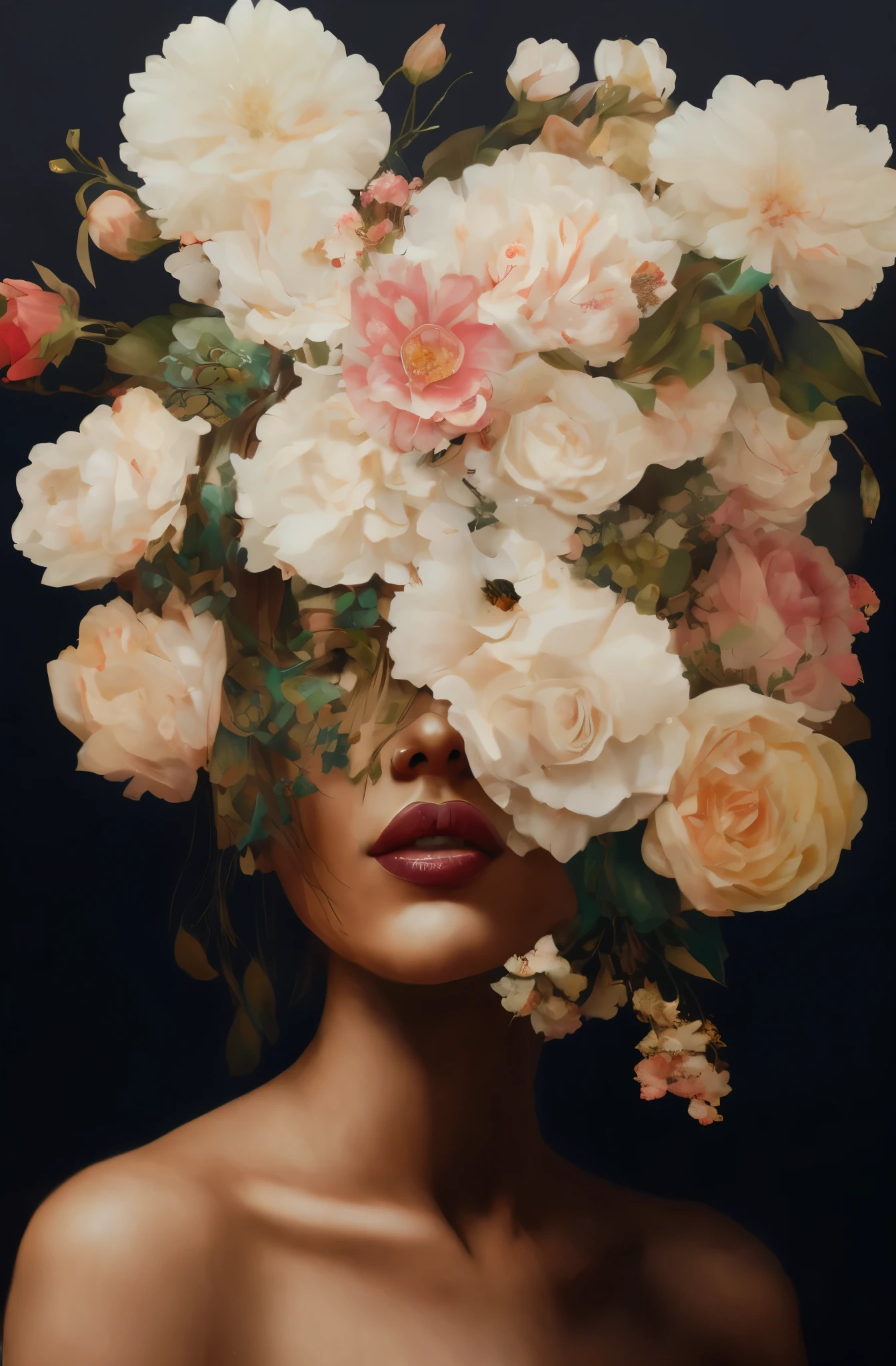 painting of a woman with flowers on her head, woman in flowers, painting by android jones, flower queen, made of flowers, queen of flowers, flower goddess, roses in her hair, inspired by Sandra Chevrier, wrapped in flowers, girl with a flower head, made of flowers, turban of flowers, female portrait with flowers, full of flowers