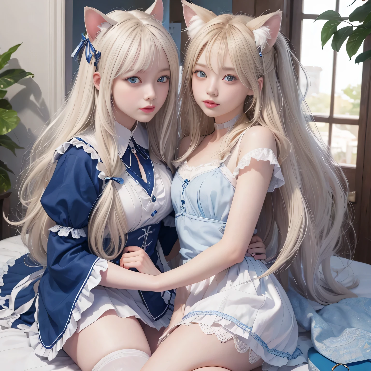 bright expression、photorealisim、top-quality、超A high resolution、a picture、絶妙に美しい北欧生まれの女の子のa picture、Extraordinary beautiful girl、Detailed cute and beautiful face、(pureerosface_v1:0.008)、Beautiful bangs、alice in the wonderland、18year old、Glowing white shiny skin、Flow of hair that extends to the face、Bangs between the eyes、Super long hair、Attractive light and dark platinum blonde super long straight silky hair、finer hair、Attractive glowing beautiful bright clear light blue big eyes、White Apron、Yellow dress、eye liner、Double eyelids、Lush bust、2 girls in、Cat's ears、great laughter、a short skirt、White lace underskirt、Pink panty、