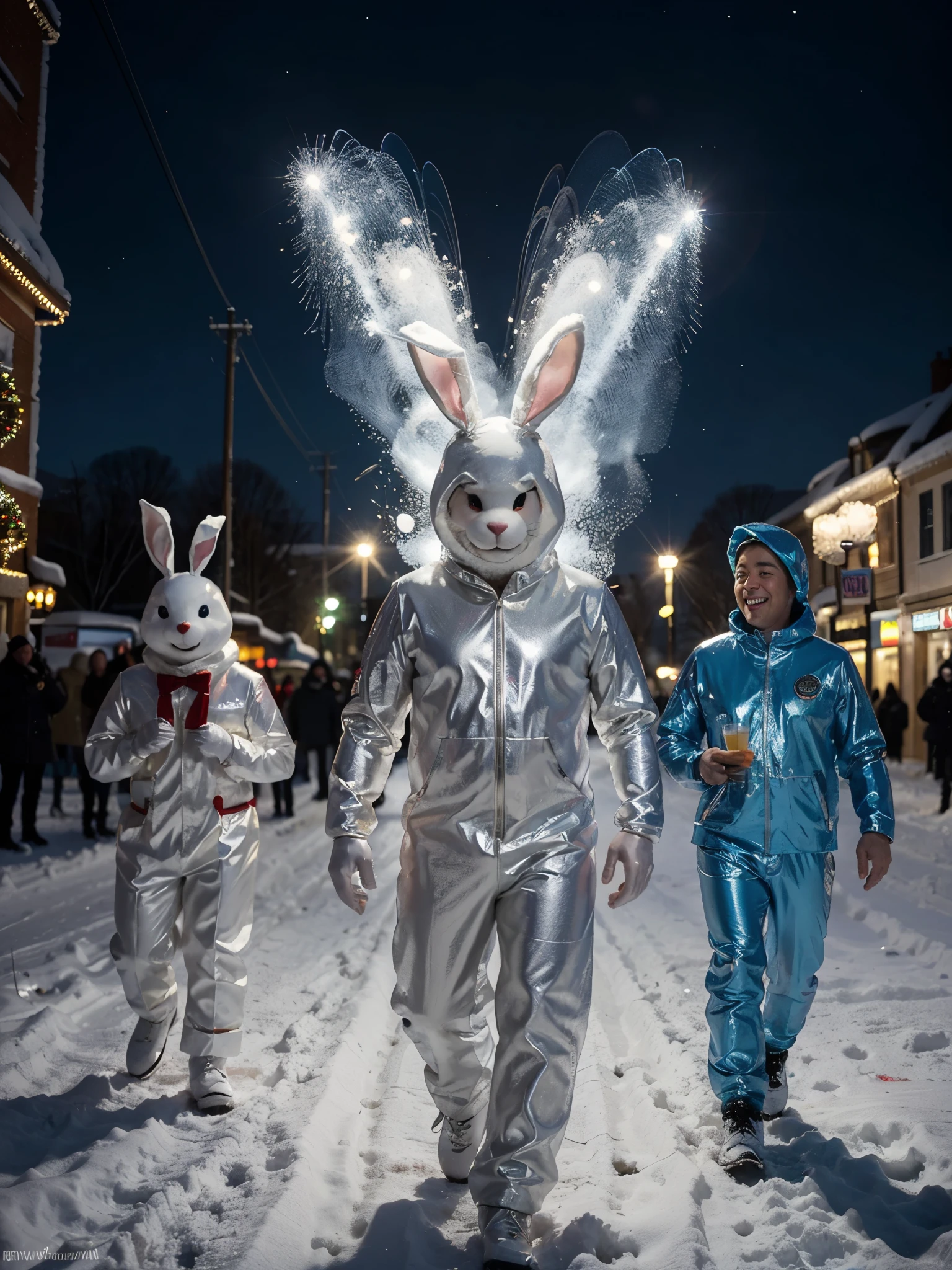 When he gallops down the snowy street, children look in surprise at the bunny man in a festive costume made of bubbles. bubbles, seem, sparkle and reflect light, When it moves., Create a dazzling effect. As he makes his way through town, people can&#39;I can&#39;I can’t help but smile and enjoy his cheerful presence. He&#39;special guest from the North Pole?, or is he just a funny artist, the desire to bring a little joy? What surprises await him in a shiny suit???????, and how he will use his playful charm, brighten up any situation, Who will meet on his way? The answers to these and many other questions lie in the magical world of a bunny man in a festive bubble suit.............