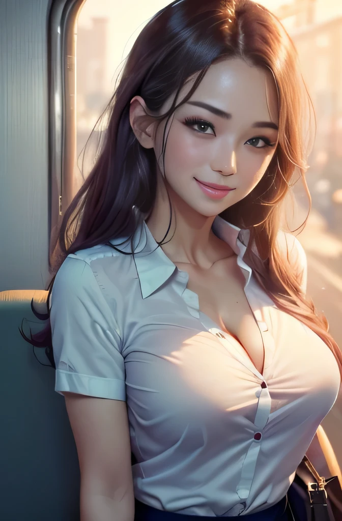 On the train、tits out、businesswoman、Shirt、(Bra visible through the gap in the Shirt）、Blushing face、adorable smiling、(top-quality、8K picture quality、​masterpiece:1.4),(extremely detailed and beautiful face) 、(Highly detailed and expressive eyes), （shiny and beautiful hair）、One-person viewpoint、write、Upper Body Up
