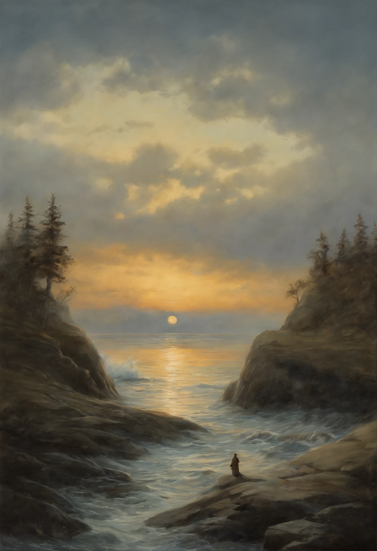 真实感, a painting, Fantastic tale, Christmas style, John Tolkien style, Small painting by Jean-Baptiste Monge, ,Each of your lanes is dear, far beyond the Neva, The waves in the sea are roaring with excitement, the clouds are hanging, your own home, For the most beautiful dawn, For the most beautiful sunset