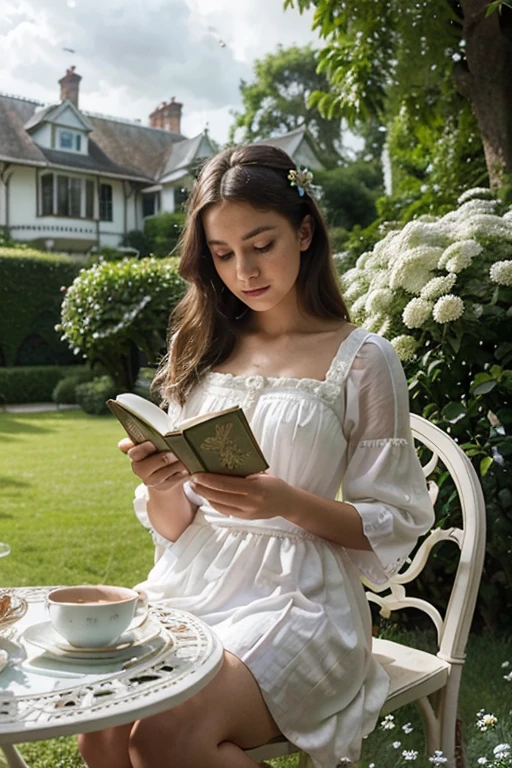girl wearing a long white gown reading a Harry Potter book in the garden , detailed face, photo portrait, hydrangeas, daisies, betel nut tree, sitting on white chair , tea set and cake on white table, cloudy sky, Victorian house, lake, afternoon time