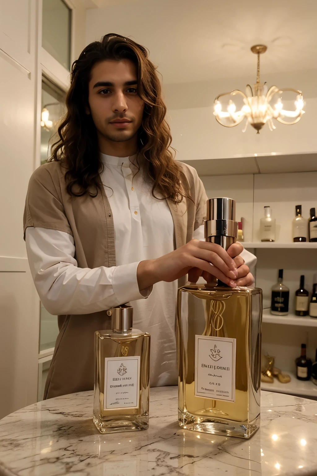 A beautiful arab man with wavy hair that is 20 years old, holding a bottle of perfume called "essence noble". Make sure the text on the bottle is visible