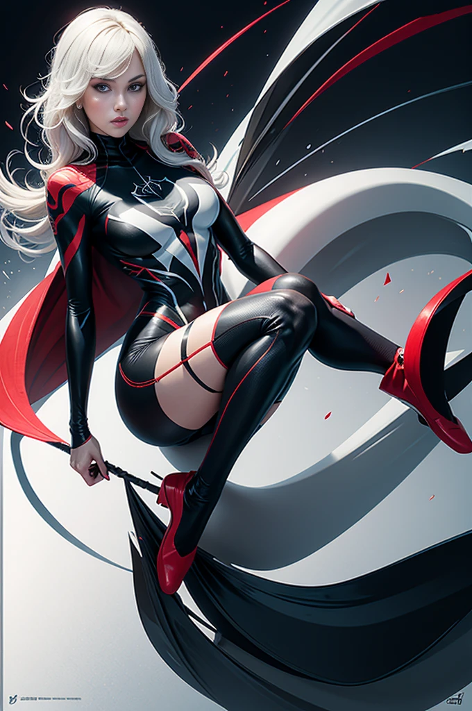 spider gwen, Hot, partial , hightquality, Dynamic Poses, Beautiful, Gorgeous, In love,Short suit, spider in a suit, white black red suit、jessicaalba