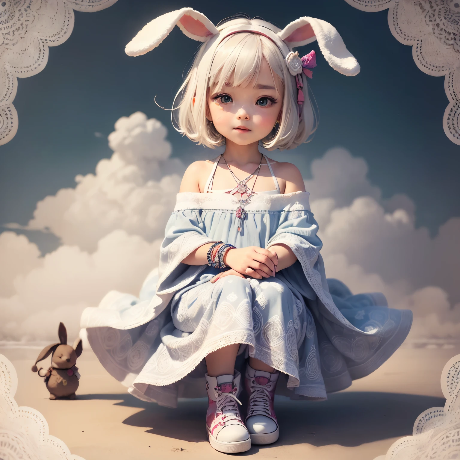 ​masterpiece、top-quality、ultra-detailliert、(Chibi Chara's Daughter:1.27), (white theme:1.3), (white mandala pattern wool muumuu:1.5), (rabbit ears:1.3), (white sneaker:1.3), (silver accessories and bracelets:1.2), (white mandala background:1.4), (fog, mist:1.6),Open your mouth and smile,(white mandala pattern wool lace-up boots:1.2),(white mandala pattern pochette:1.3)