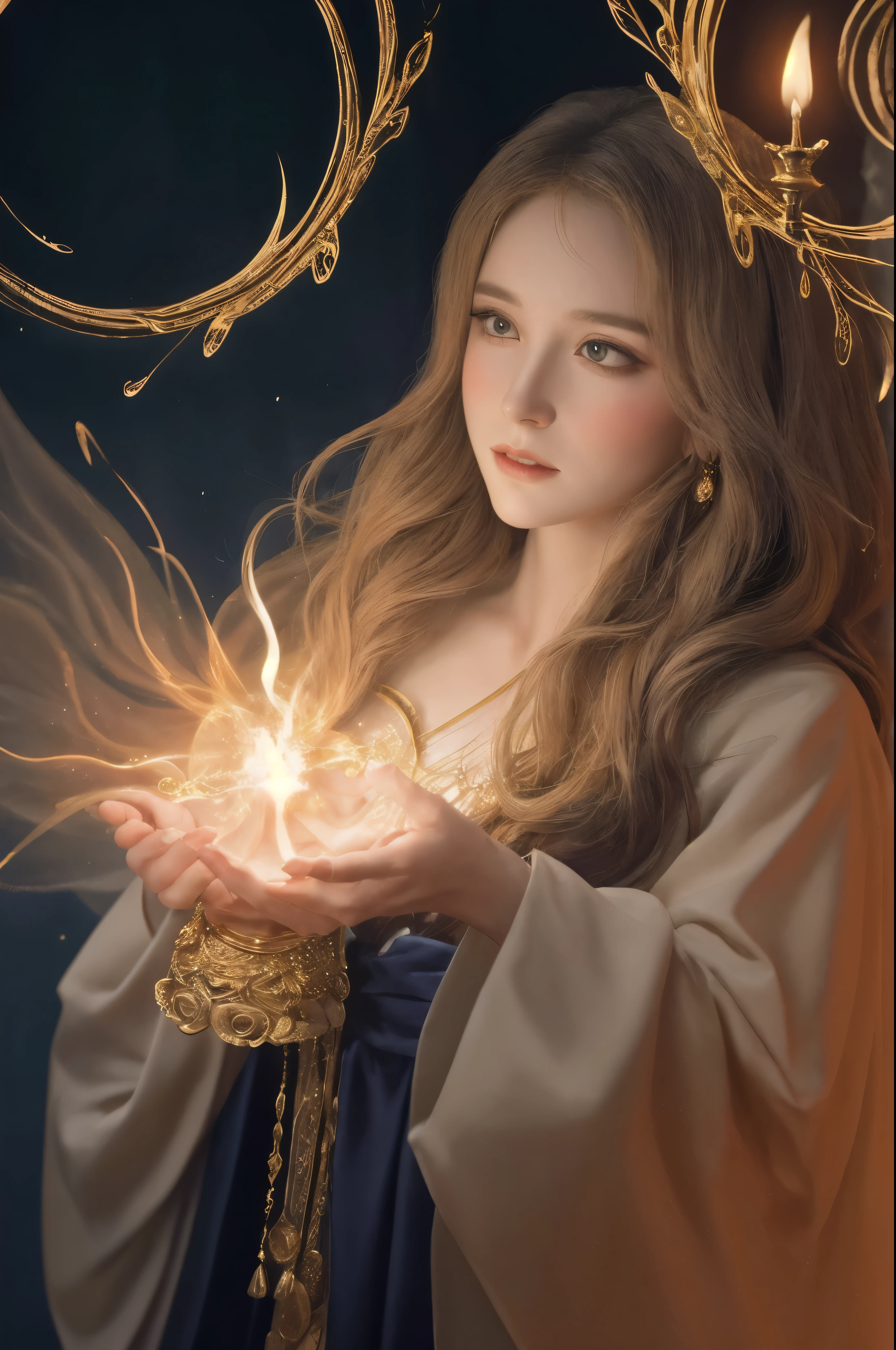 In a fascinatingly bright gouache painting, the artfully crafted scene depicts a mesmerizing spell of zealous magic. Against a background of unearthly shades, mage, dressed in luxurious clothes, fervently repeats ancient words. The image exudes a palpable aura of strength and devotion., with spell books, decorated with golden symbols and finely scattered shimmering crystals.. Each brush stroke flawlessly conveys the intensity of the spell.., immersing the viewer in the ardent passion and indomitable energy of the sorcerer.