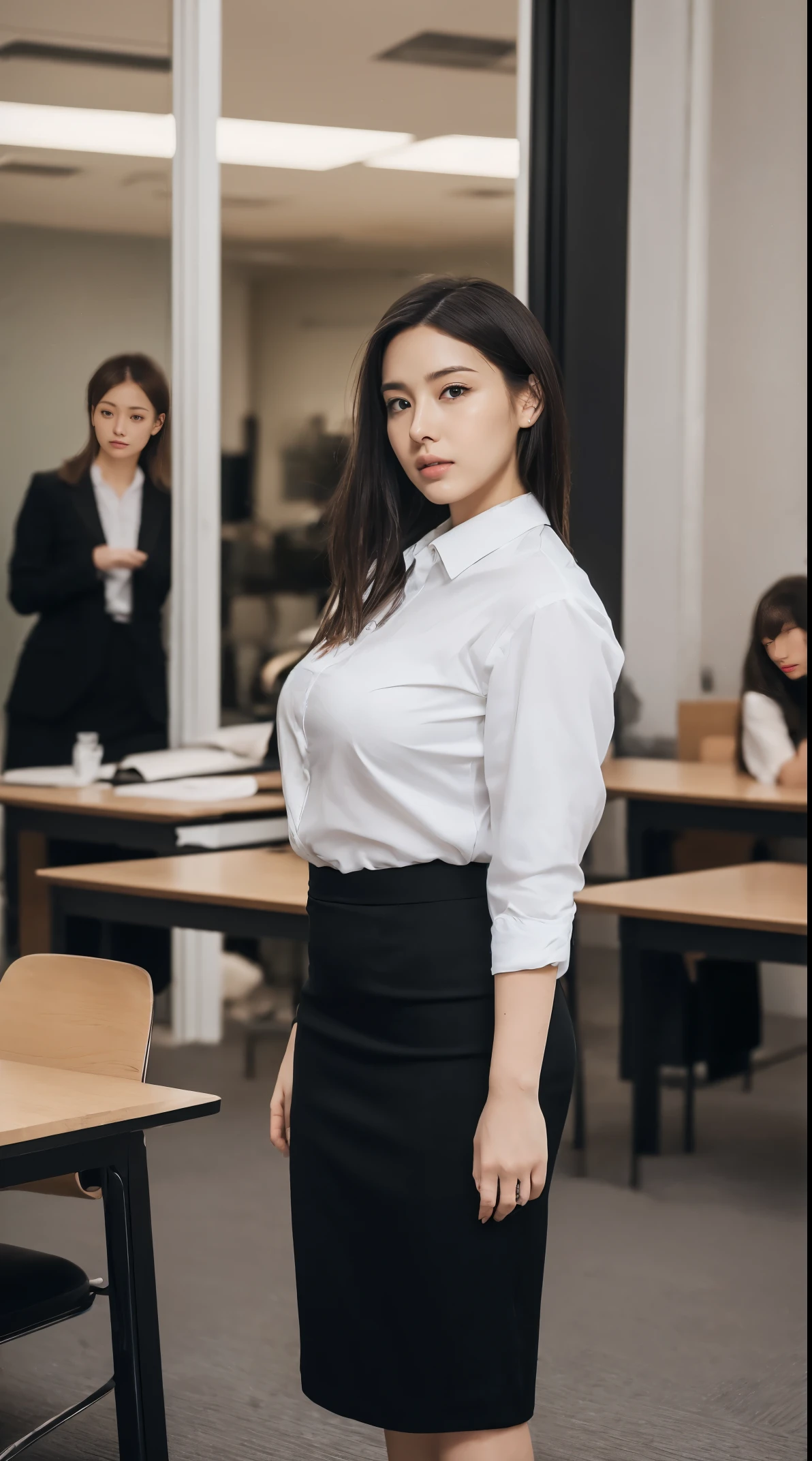 (masutepiece,High quality:1.3),(depth of fields:1.3) ,((front body:1.35)), Japanese ,woman, standard height,(Women's business black suits black midi skirt:1.2),Huge breasts, Huge breasts, thicc, curvy,(Looking at Viewer:1.3),(full body:1.2),Inside the office by the window