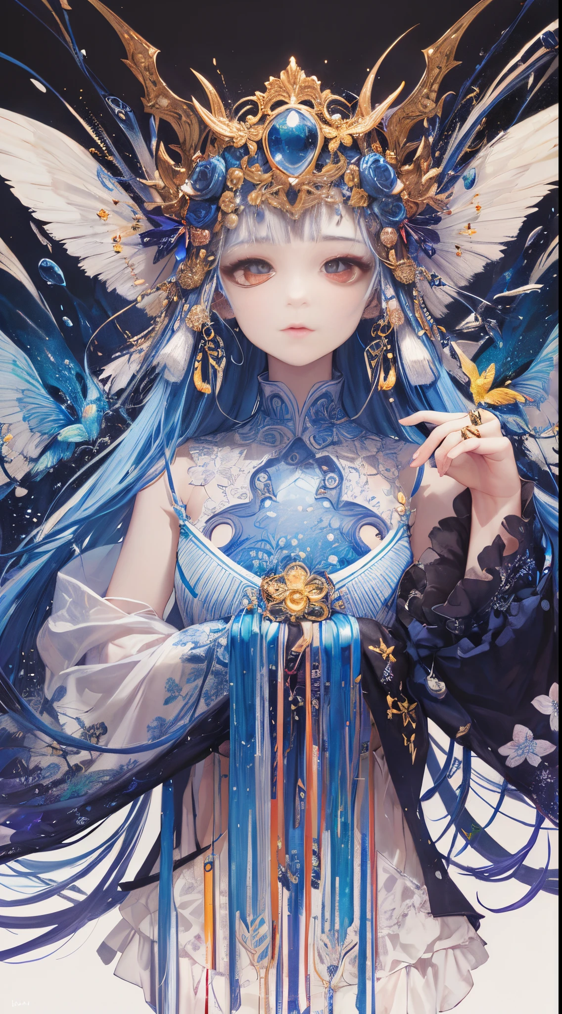 (tmasterpiece:1.1),(Best quality:1.1),(HighDynamicRange:1),ambient light,Super quality,( Super detailed original image),(1 Sister, Upper part of the body),((harajuku fashion)),((flower with human eyes, flower eyes)),double contact,A fusion of fluid abstract art,An error occurred,(Original illustration composition),(Limited color mixing, Minimalist art style, butterflys, artistically),