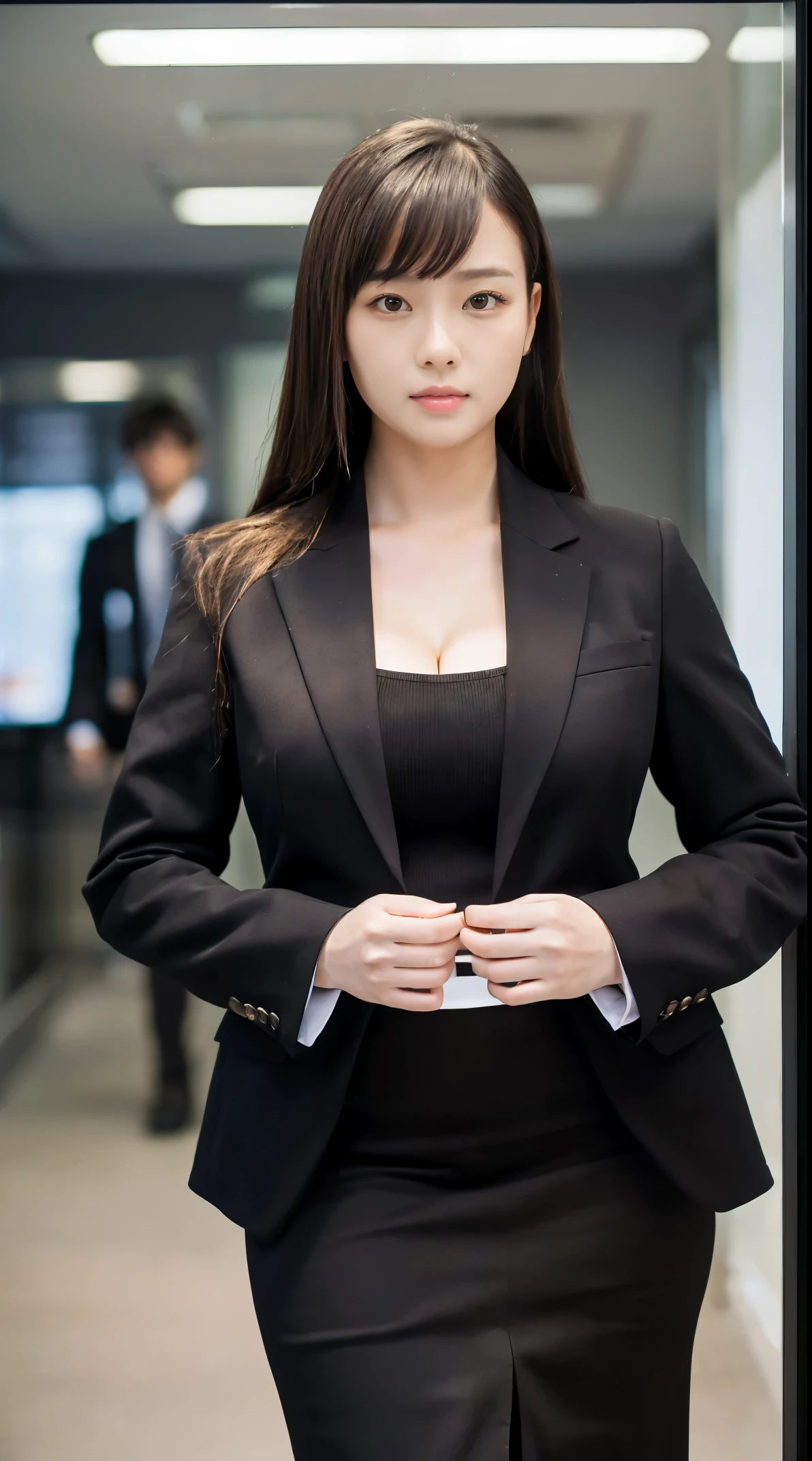 (masutepiece,High quality:1.3),(depth of fields:1.3) ,((front body:1.35)), Japanese ,woman, standard height,(Women's business black suits black midi skirt:1.2), Huge breasts, thicc, curvy,(Looking at Viewer:1.3),(full body:1.2),Inside the office by the window