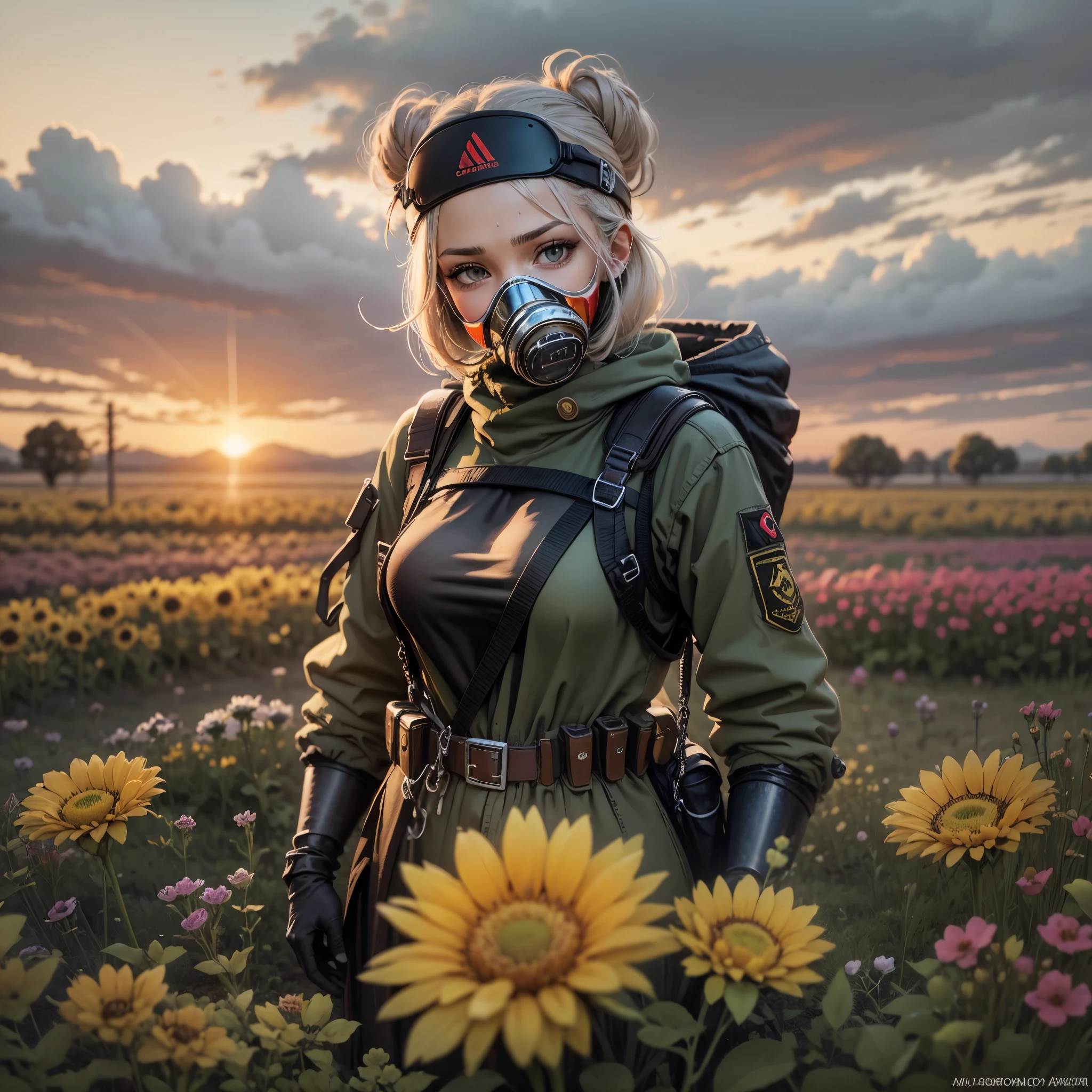 masterpiece, photo of caucasian busty woman wearing black t-shirt and gas mask in a withered flower field with radioactive sunset --auto --s2