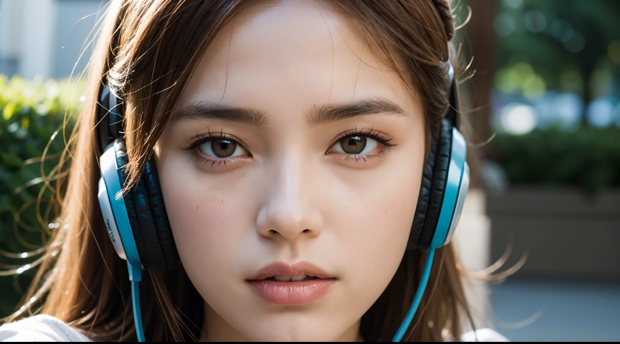 32k, best quality, masterpiece, realistic, ultra detail, photography, HDR, ROW photo, high res, absurd res, smoother light, official art, depth of field, brightening light, hearing music with headphones, close-up, slender, finely detailed face, angry, beautiful details eyes, 19years old, pretty, best quality real texture skin, t-shirts,
