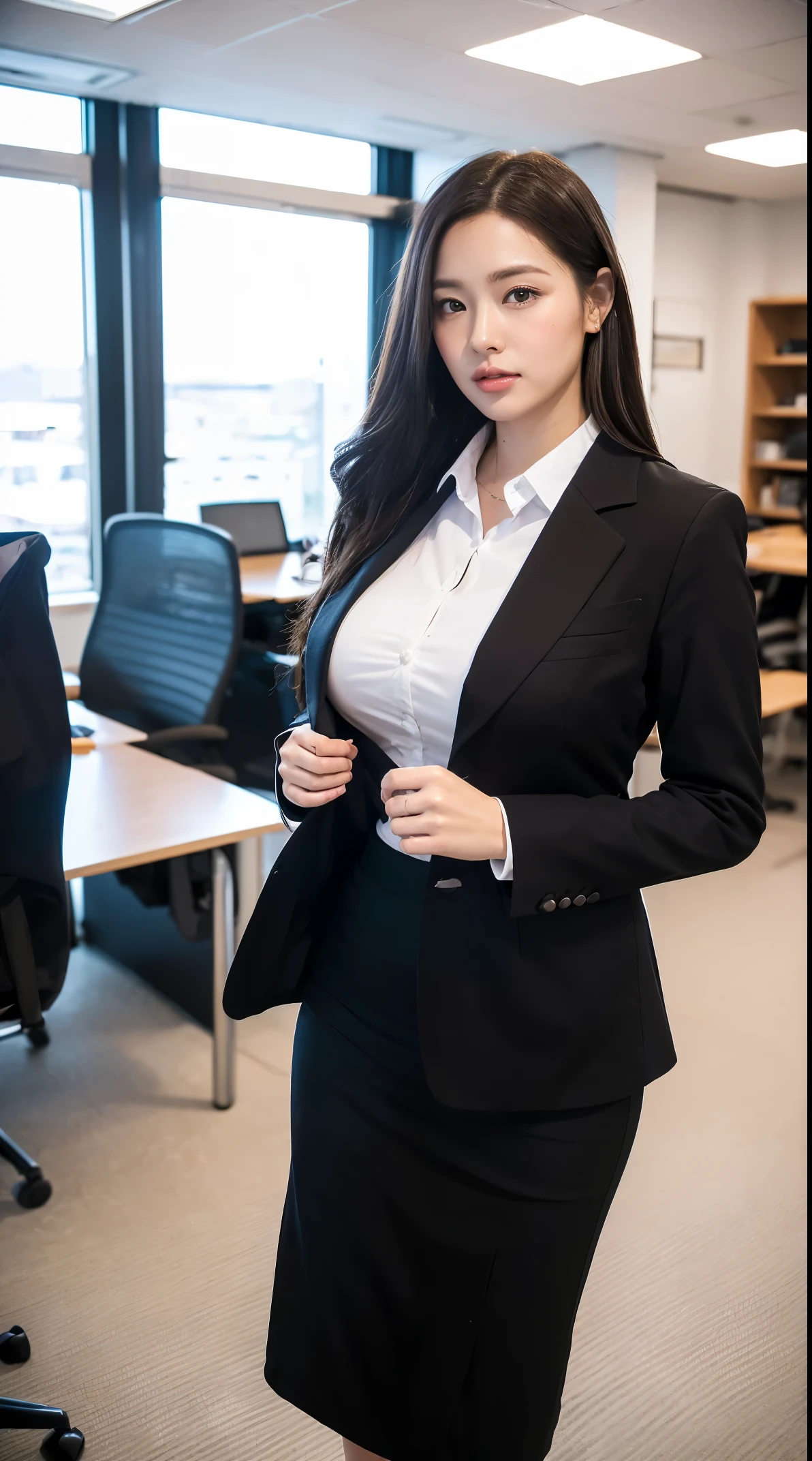 (masutepiece,High quality:1.3),(depth of fields:1.3) ,((front body:1.35)), Japanese ,woman, Natural makeup ,standard height,(Women's business black suits black midi skirt:1.2),Huge breasts, thicc, curvy,(Looking at Viewer:1.3),(full body:1.2), Inside the office by the window