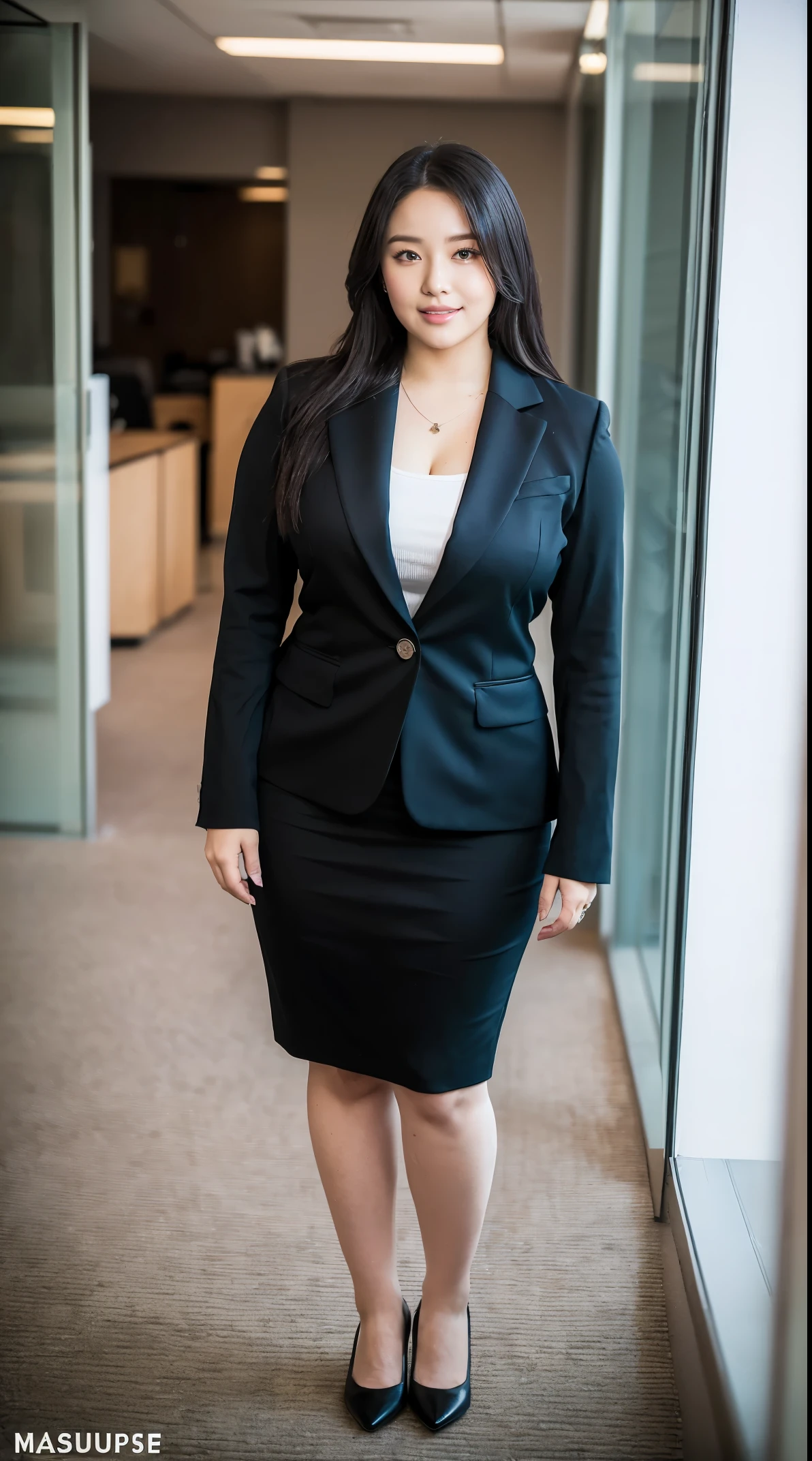 (masutepiece,High quality:1.3),(depth of fields:1.3) ,((front body:1.35)), Japanese ,woman, Natural makeup ,standard height,(Women's business black suits black midi skirt:1.2),Huge breasts, thicc, curvy,(Looking at Viewer:1.3),(full body:1.2), Inside the office by the window