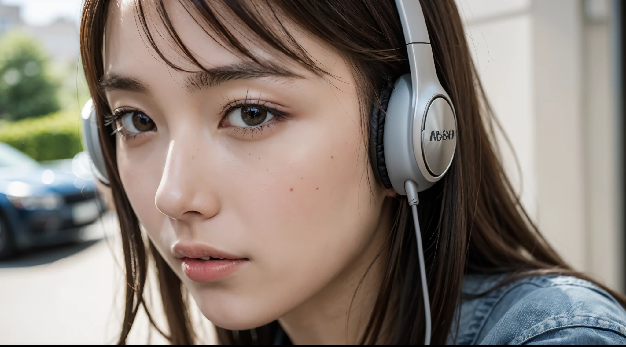 32k, best quality, masterpiece, realistic, ultra detail, photography, HDR, ROW photo, high res, absurd res, smoother light, official art, depth of field, brightening light, hearing music with headphones, close-up, slender, finely detailed face, angry, beautiful details eyes, 19years old, pretty, best quality real texture skin, t-shirts,