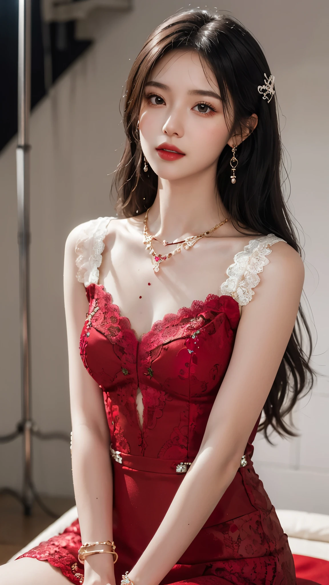 8k, masterpiece, 1 girl, beautiful face, white skin, very long hair, light makeup, detailed eyes, detailed lips, small breasts tight, realistic detailed, very detailed dress, princess dress, (red dress:1.2), (wearing jewellery:1.5), (lace:1.4), at the stage background, sitting,