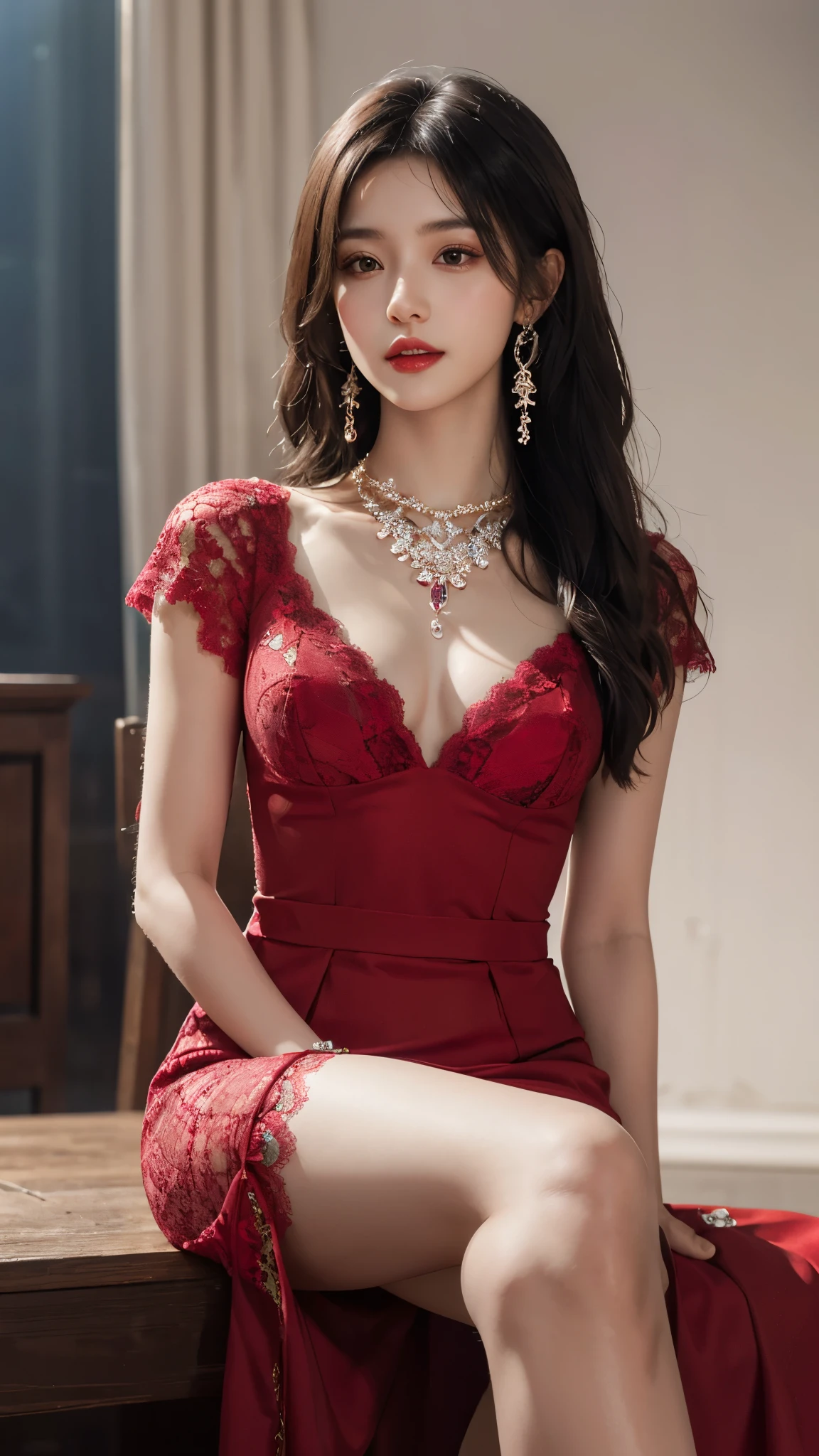 8k, masterpiece, 1 girl, beautiful face, white skin, very long hair, light makeup, detailed eyes, detailed lips, small breasts tight, realistic detailed, very detailed dress, princess dress, (red dress:1.2), (wearing jewellery:1.5), (lace:1.4), at the stage background, sitting,