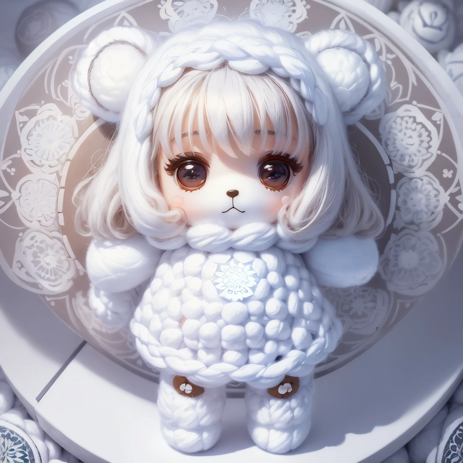 masterpiece、top-quality、ultra-detailliert、(Chibi Chara's Daughter:1.4), (white theme:1.3), (white mandala pattern wool teddy bear:1.5), Full-body standing figure,Open your mouth and smile,