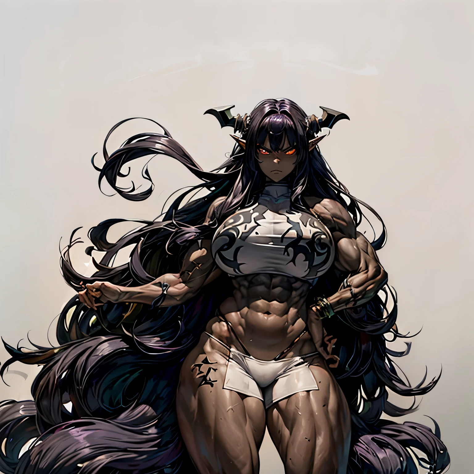 Very angry girl with dark grey skin tone and tribal tatto, (white dragon horns), long elf ears, ((1girl)) dark purple hair, crazy messy curly long hair, (white eyeuscular), thicc thighs, solo, very angry, ((dark grey skin)), 10 pack abs, long leg muscular thighs, strong jawline, (big hugs saggy long titties), very muscular long legs big muscular wide broad shoulders wide hips huge wide waste (( very big muscular veiny arm)), big enlarged trapezius, thicc body, very muscular, white beach bikini,