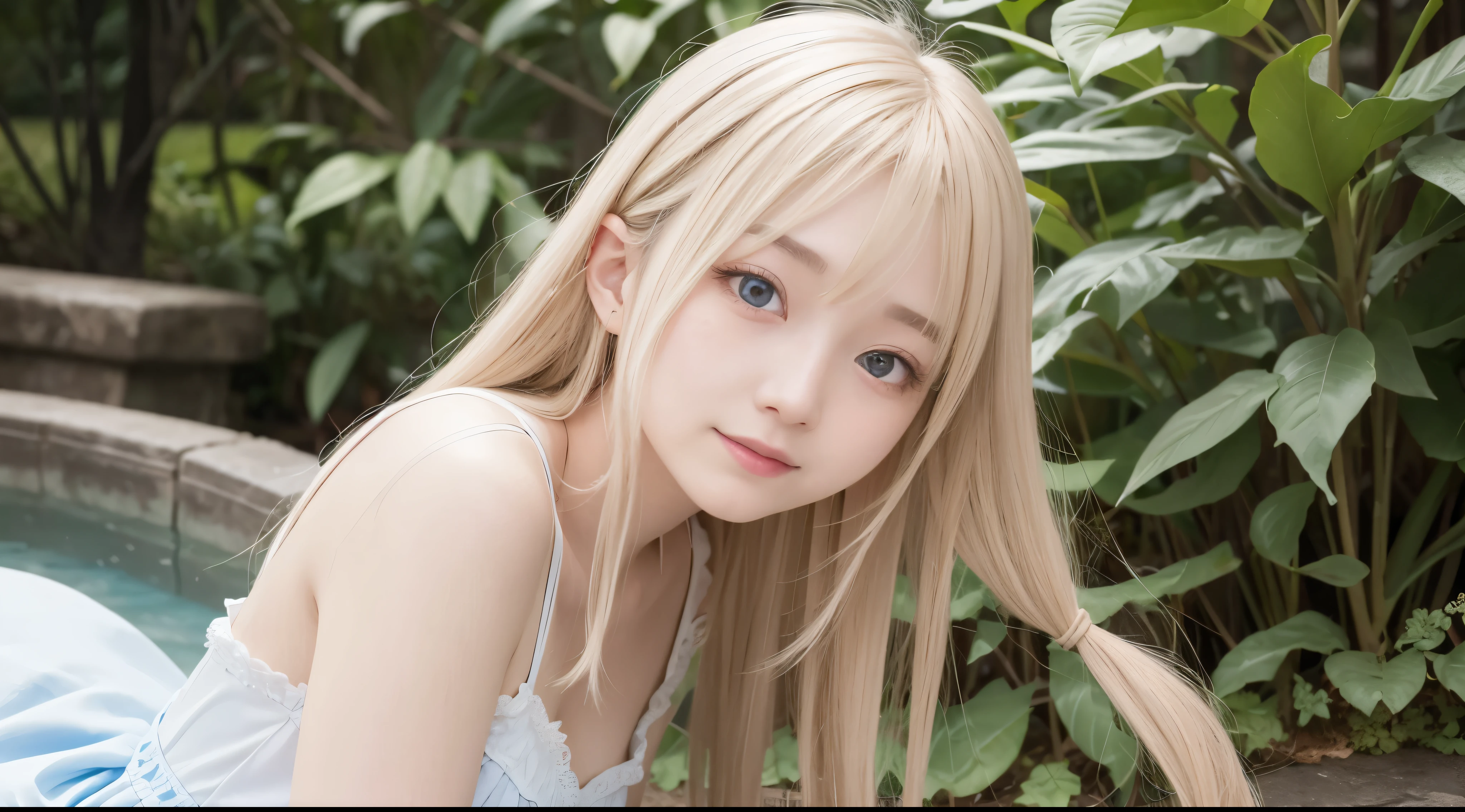 1 persons、Smiling smile、bright expression、photorealisim、top-quality、超A high resolution、a picture、Unprecedented beauty、絶妙に美しい北欧の女の子のa picture、Detailed cute and beautiful face、(pureerosface_v1:0.008)、綺麗なbangss、alice in the wonderland、22year old、Glowing white shiny skin、Flow of hair that extends to the face、bangss、Hair between the eyes、Super long hair、Attractive bright natural blonde super long straight silky hair、finer hair、Attractive glowing beautiful bright clear light blue big eyes、eye liner、Double eyelids、ample breasts