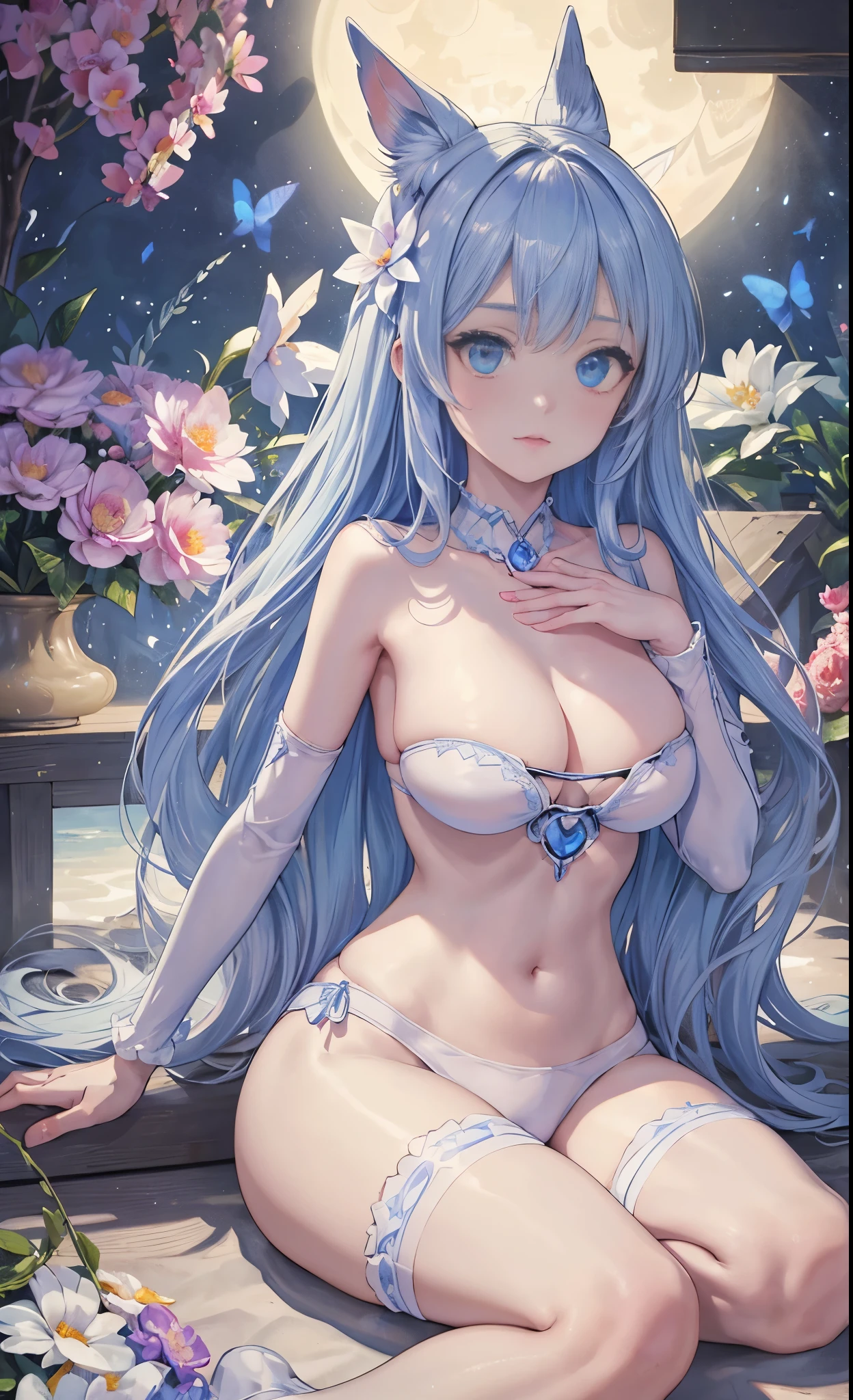 the hair，Nice face，blue bikini armor，Heterochromatic pupil，fully body photo，half moon，under moonlight，(tmasterpiece:1.1),(Best quality:1.1),(HighDynamicRange:1),ambient light,Super quality,( Super detailed original image),(1 Sister, whole body part),((harajuku fashion)),((flower with human eyes, flower eyes)),double contact,A fusion of fluid abstract art,An error occurred,(Original illustration composition),(Limited color mixing, Minimalist art style, butterflys, artistically),
