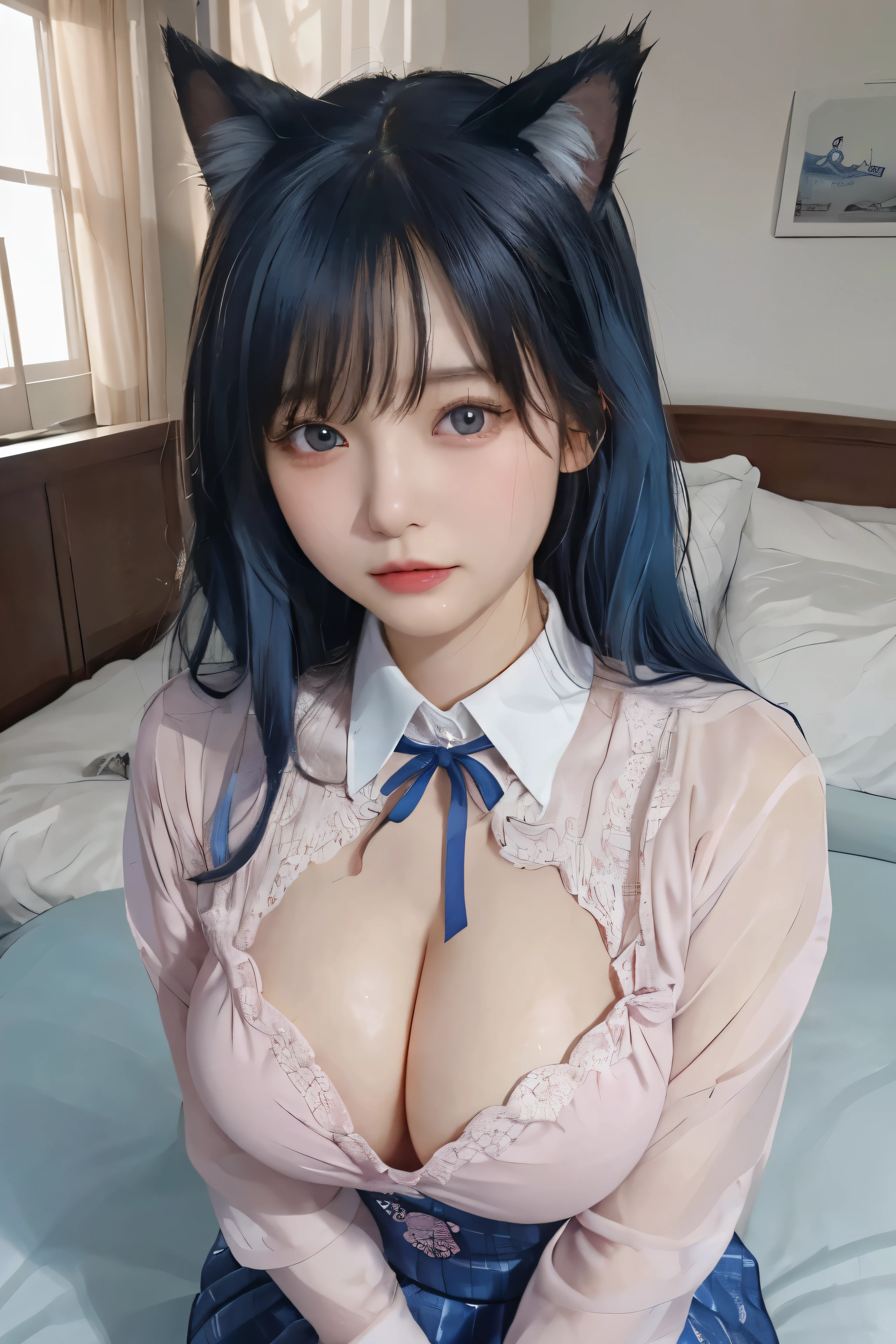 (tmasterpiece, The best_quality, ultra - detailed, 8K, hyper HD, flawless perfection:1.latin blue hair, blue hairs，cat woman,, Cat ears,  glowing pink eyes, the shy, Compliant, face flushed, Wet oily skin, on top of the bed, bigger胸老婆,  heart tattoo above, , bigger腿粗, Beautiful hip curve, 巨bigger, thicc, skin tight, scantily clad, Lace, collars, face to the viewer,  janelas, Bedrooms, midynight, sexy for,,Japan goddess, Cardigan shirt, Korean girls, 美丽的asiagirl, V-shaped bust clothes, low chest，巨bigger，Expose the upper half of the chest，not compact，下垂的bigger胸，gorgeous chinese models, gorgeous young korean woman, model in Japan, Thick lips，duck mouth，asiagirl, beautiful young korean woman, in blouse wearing, beautiful Korean women, 坐on top of the bed, watching the future,巨bigger，bigger，Upp,frontal photos，super closeup,facing at the camera，Take photos carefully