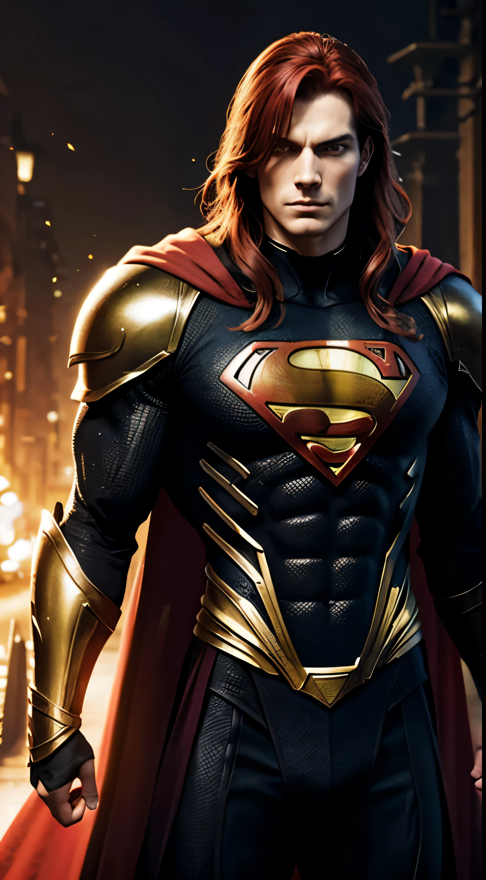 Um homem ruivo com olhos amarelos vestindo uma armadura preta e dourada do Superman