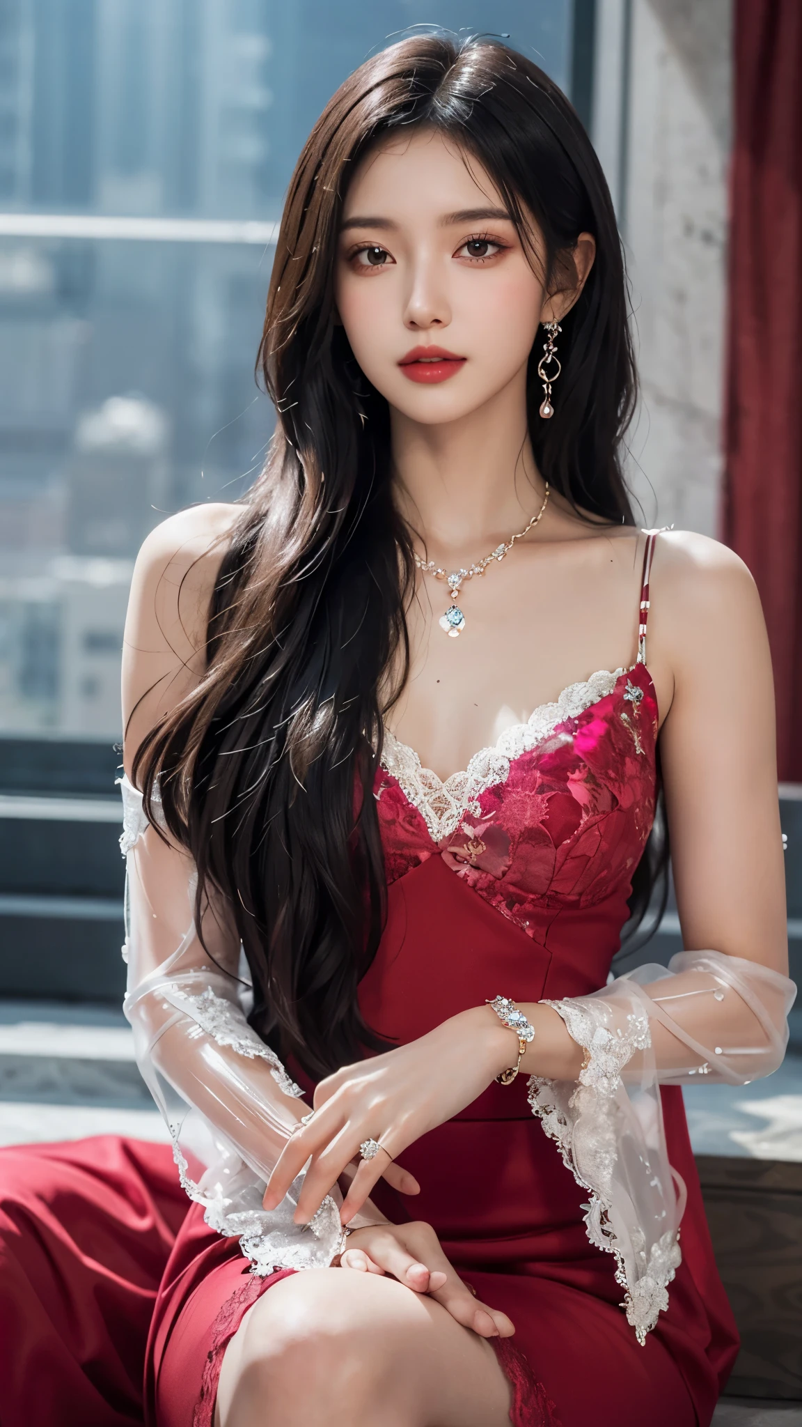 8k, masterpiece, 1 girl, beautiful face, white skin, very long hair, light makeup, detailed eyes, detailed lips, small breasts tight, realistic detailed, very detailed dress, princess red dress, (wearing jewellery:1.5), (transparent lace:1.4), at the stage background, sitting,