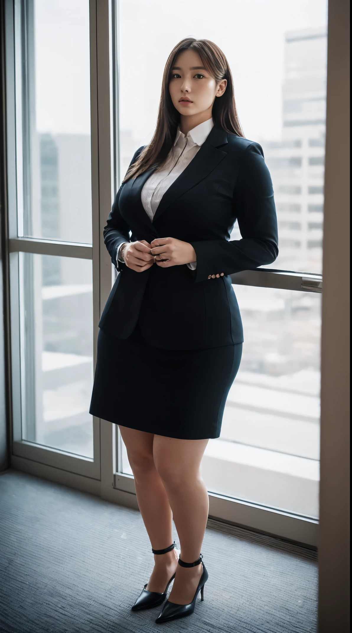 (masutepiece,High quality:1.3),(depth of fields:1.3) ,((front body:1.35)), Japanese ,woman, Natural makeup ,standard height,(Women's business black suits black midi skirt:1.2),Huge breasts, Huge breasts, thicc, curvy,(Looking at Viewer:1.3),(full body:1.2),Inside the office by the window