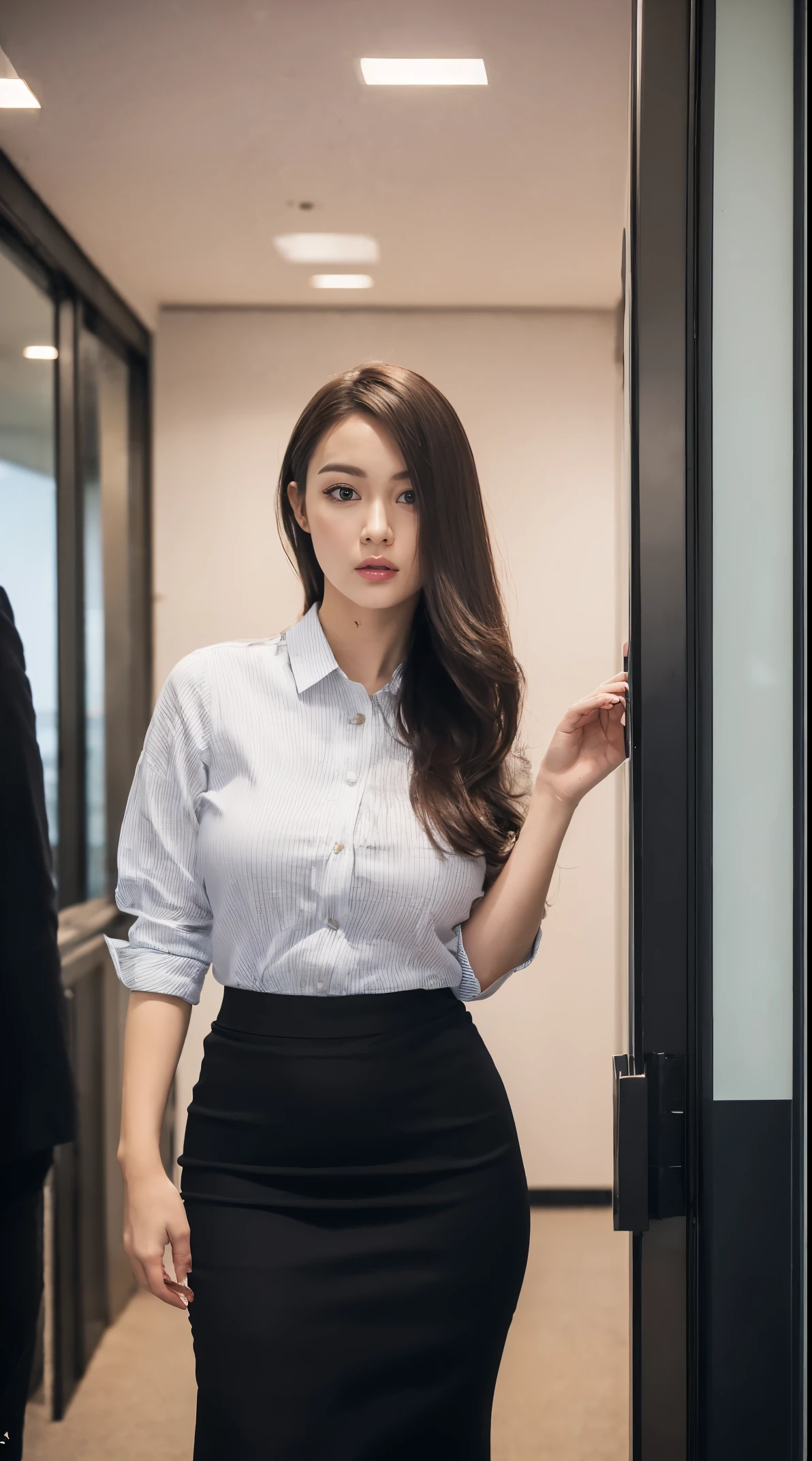 (masutepiece,High quality:1.3),(depth of fields:1.3) ,((front body:1.35)), Japanese ,woman, Natural makeup ,standard height,(Women's business black suits black midi skirt:1.2),Huge breasts, Huge breasts, thicc, curvy,(Looking at Viewer:1.3),(full body:1.2),Inside the office by the window