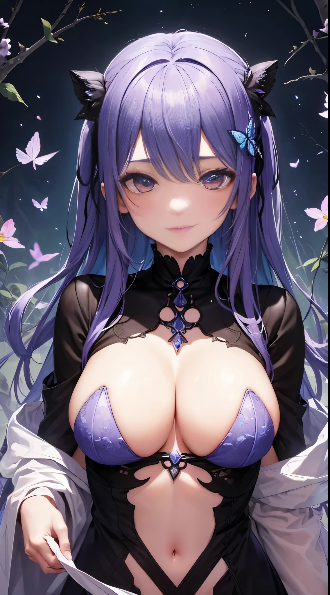 (tmasterpiece:1.1),(Best quality at best:1.1),(HighDynamicRange:1),ambient lights,hyper qualit,( Super detailed original image),(1个Giant Breast Girl, The upper part of the body),((harajuku fashion)),((flower with human eyes, flower eyes)),double contact,流体抽象Artistically的融合,Glitching,(Original illustration composition),(Limited color blending, 极简Artistically风格, 几何Artistically风格, butterflys, Artistically),underdressing